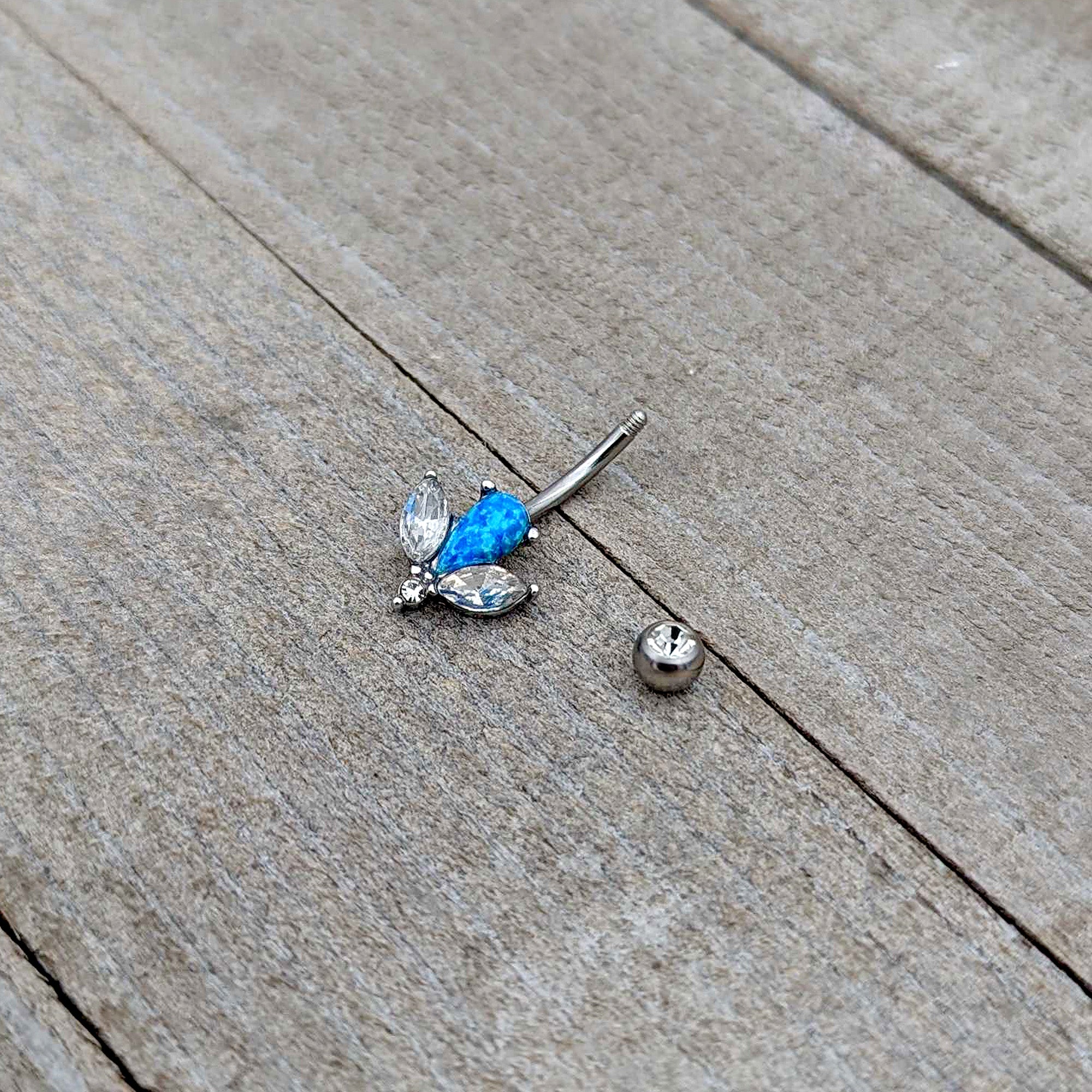 BodyCandy Blue Synthetic Opal Style Flower Belly Ring — alternative angle