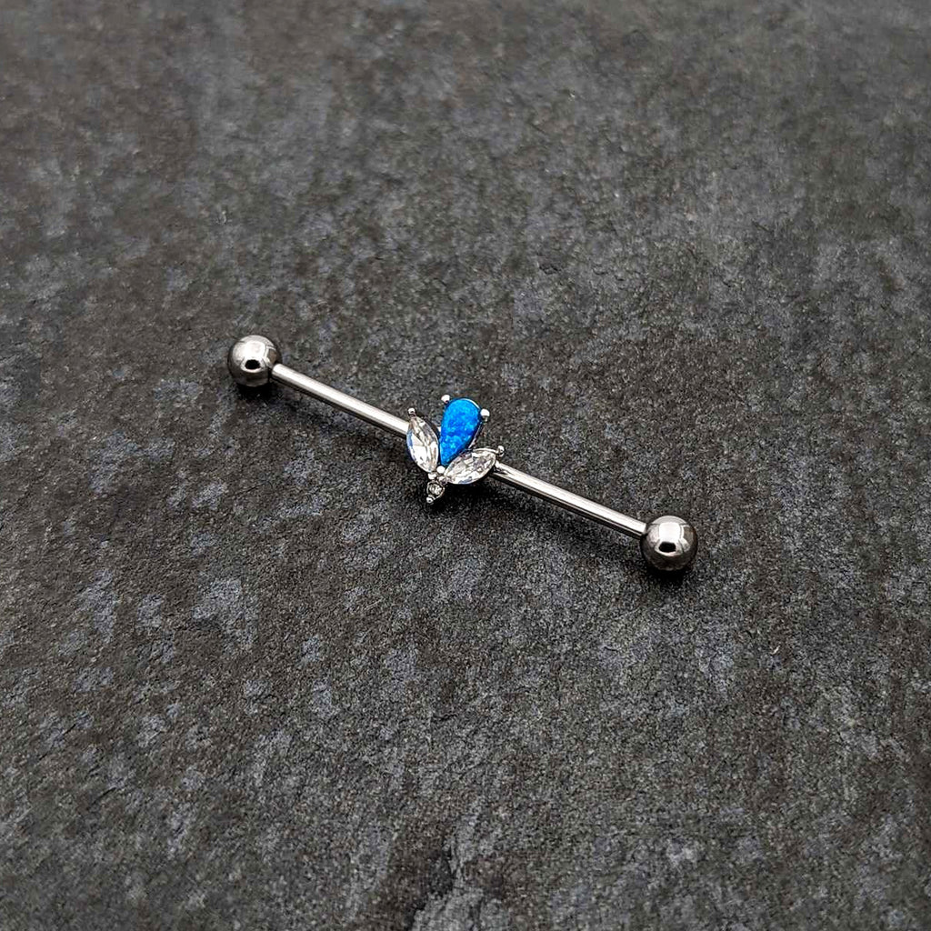 BodyCandy 14G Blue Faux Opal Style Flower Industrial Barbell 38mm — side view