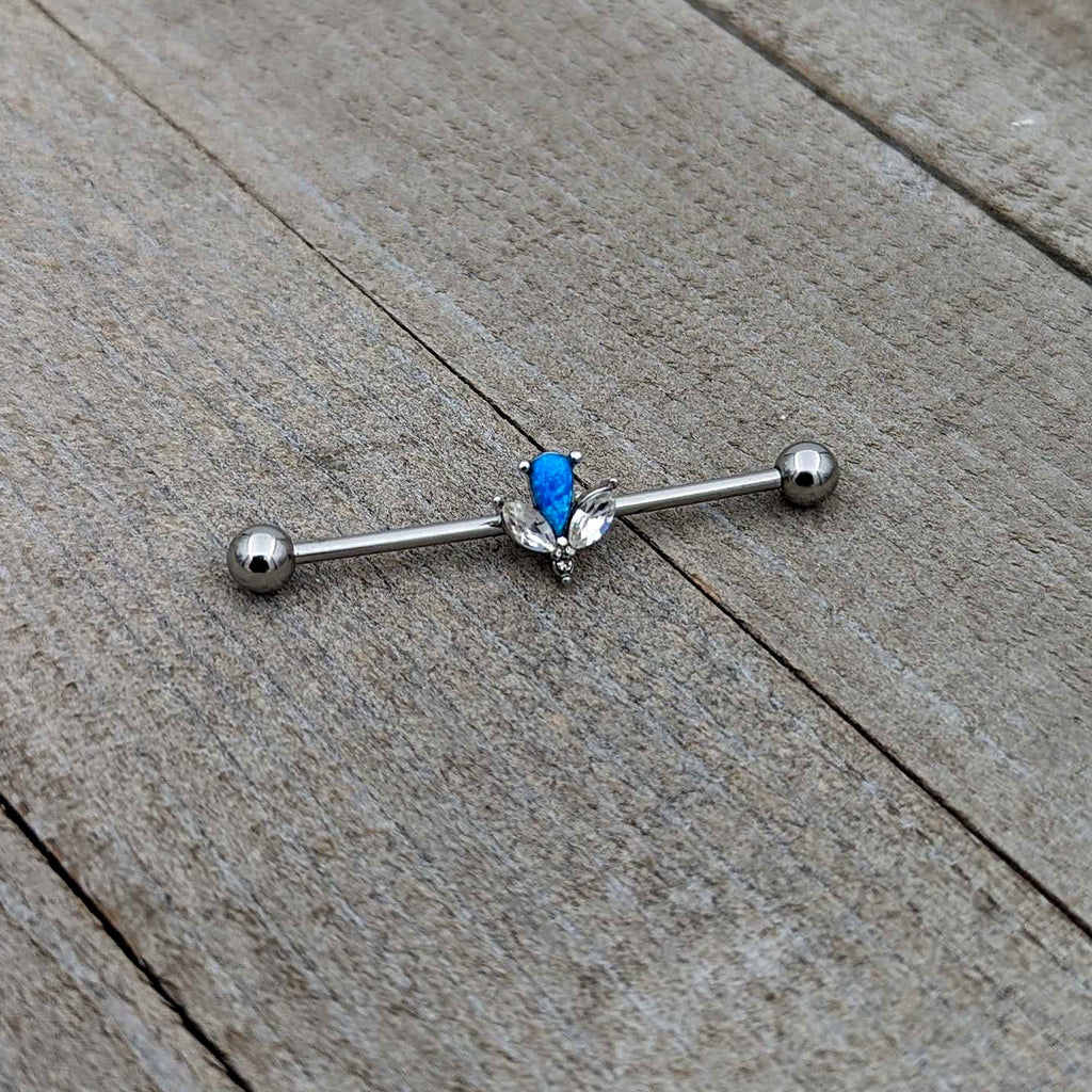 BodyCandy 14G Blue Faux Opal Style Flower Industrial Barbell 38mm — back view