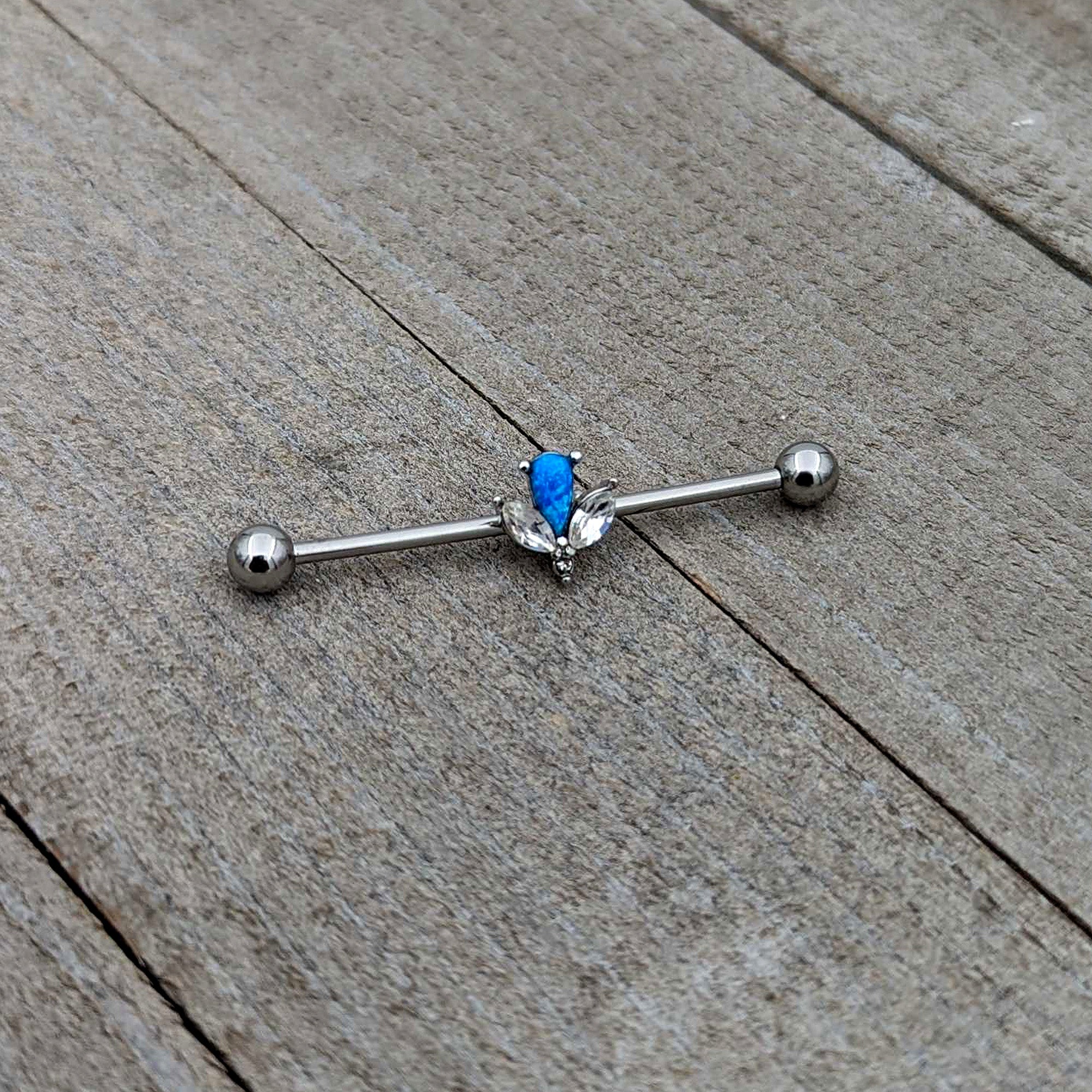 BodyCandy 14G Blue Faux Opal Style Flower Industrial Barbell 38mm — back view