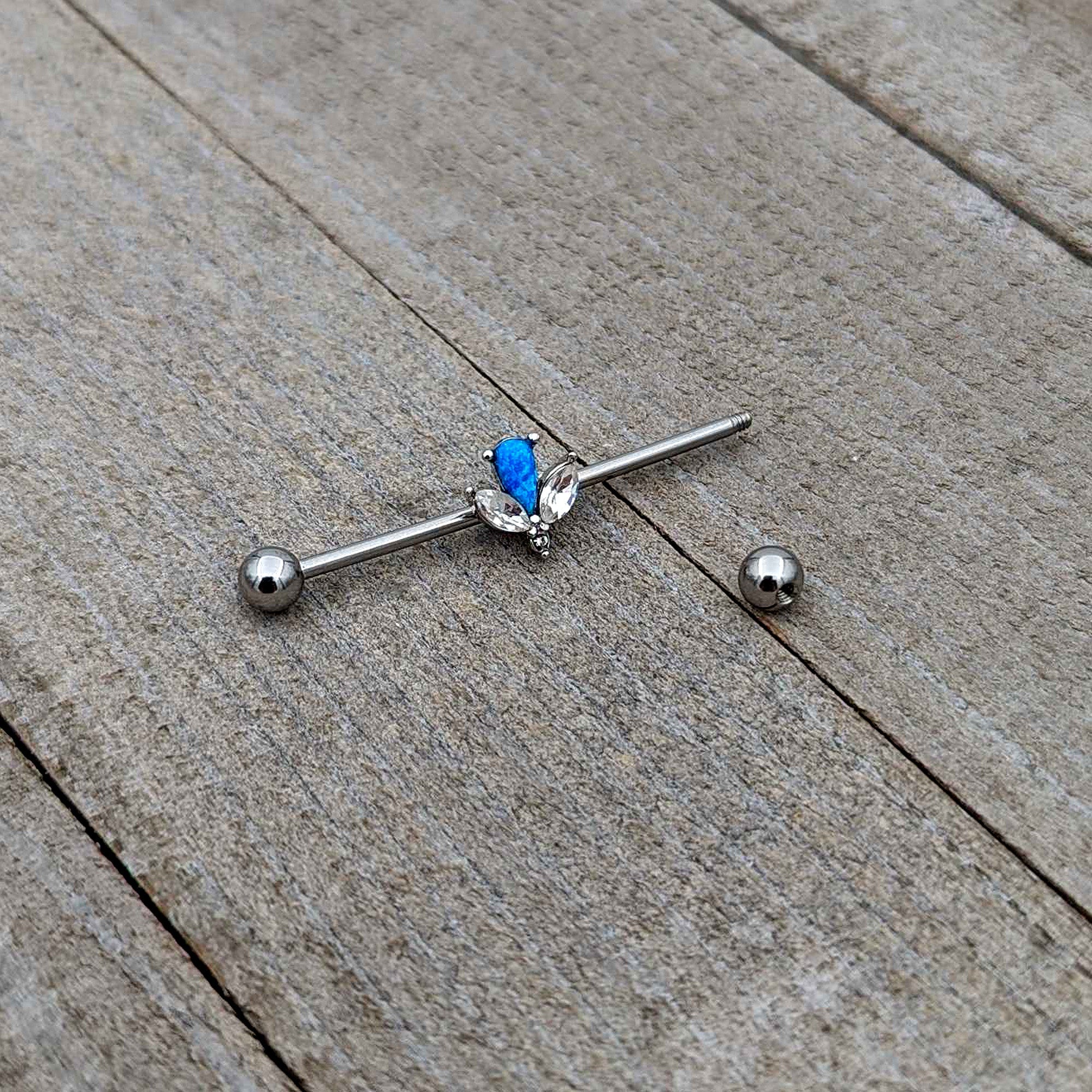 BodyCandy 14G Blue Faux Opal Style Flower Industrial Barbell 38mm — alternative angle