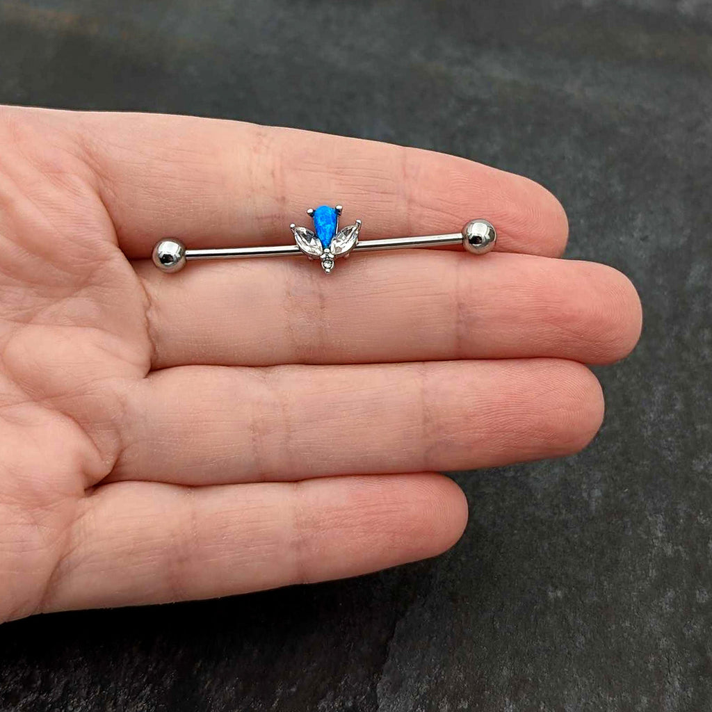 BodyCandy 14G Blue Faux Opal Style Flower Industrial Barbell 38mm — in-use photo