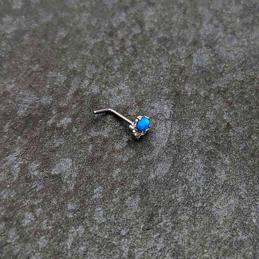 BodyCandy 20G 1/4 Blue Synthetic Opal Style Flower L Shape Nose Ring — alternative angle