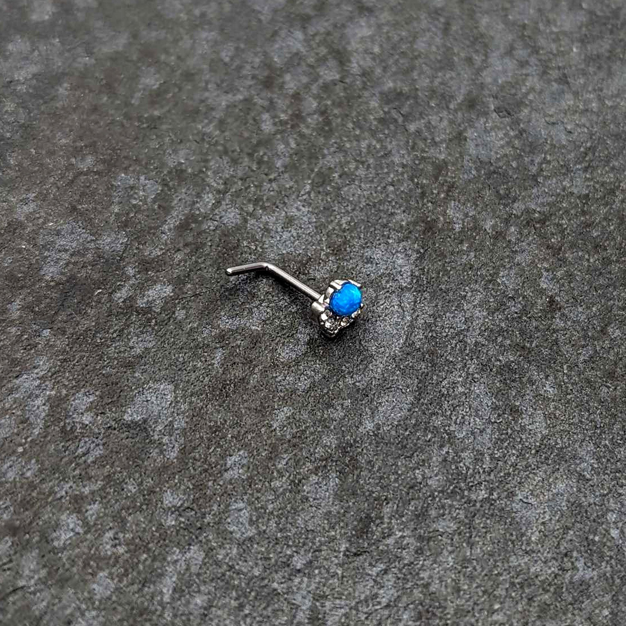 BodyCandy 20G 1/4 Blue Synthetic Opal Style Flower L Shape Nose Ring — alternative angle