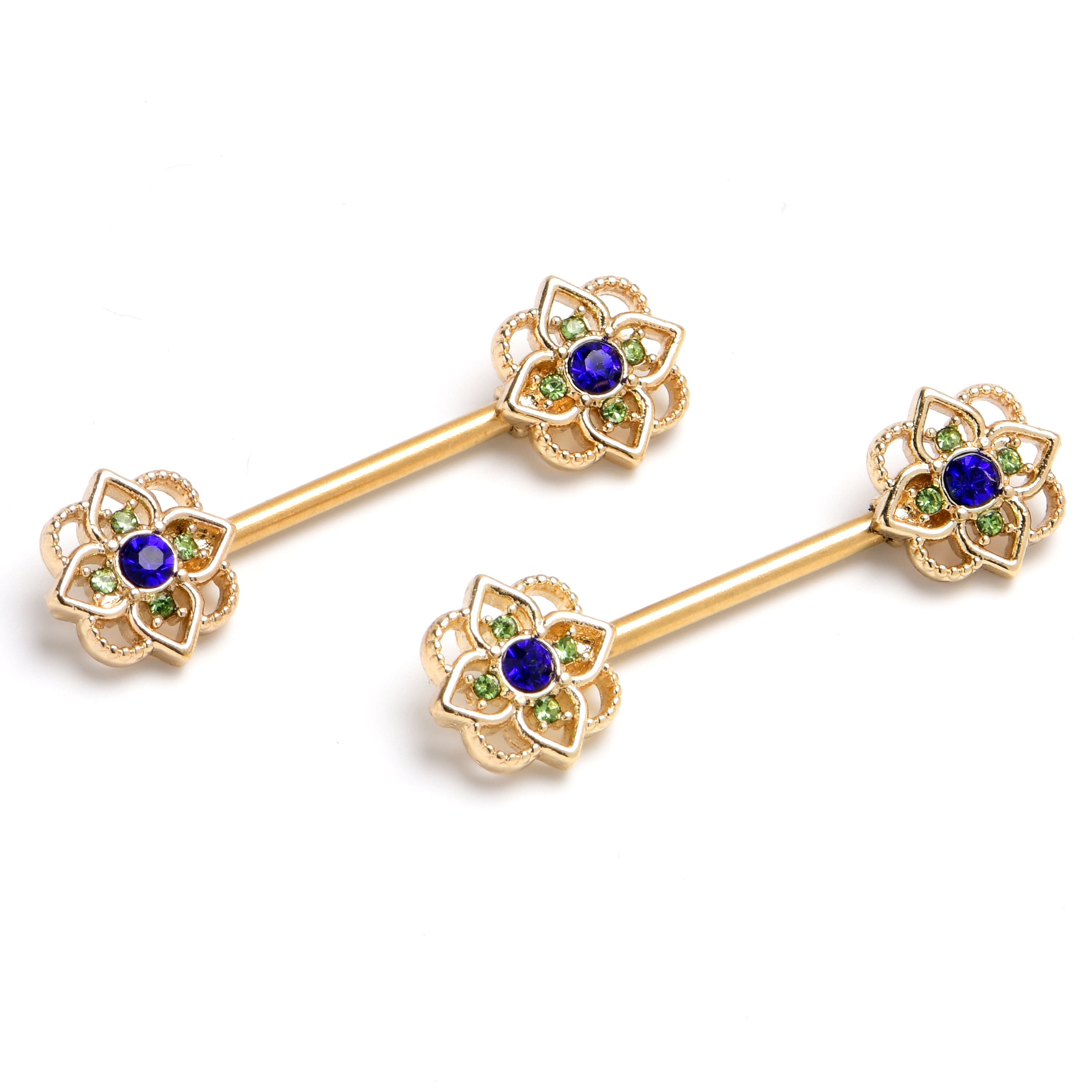 BodyCandy 14G 9/16 Blue Gem Gold Tone Celtic Style Barbell Nipple Ring Set — main product shot