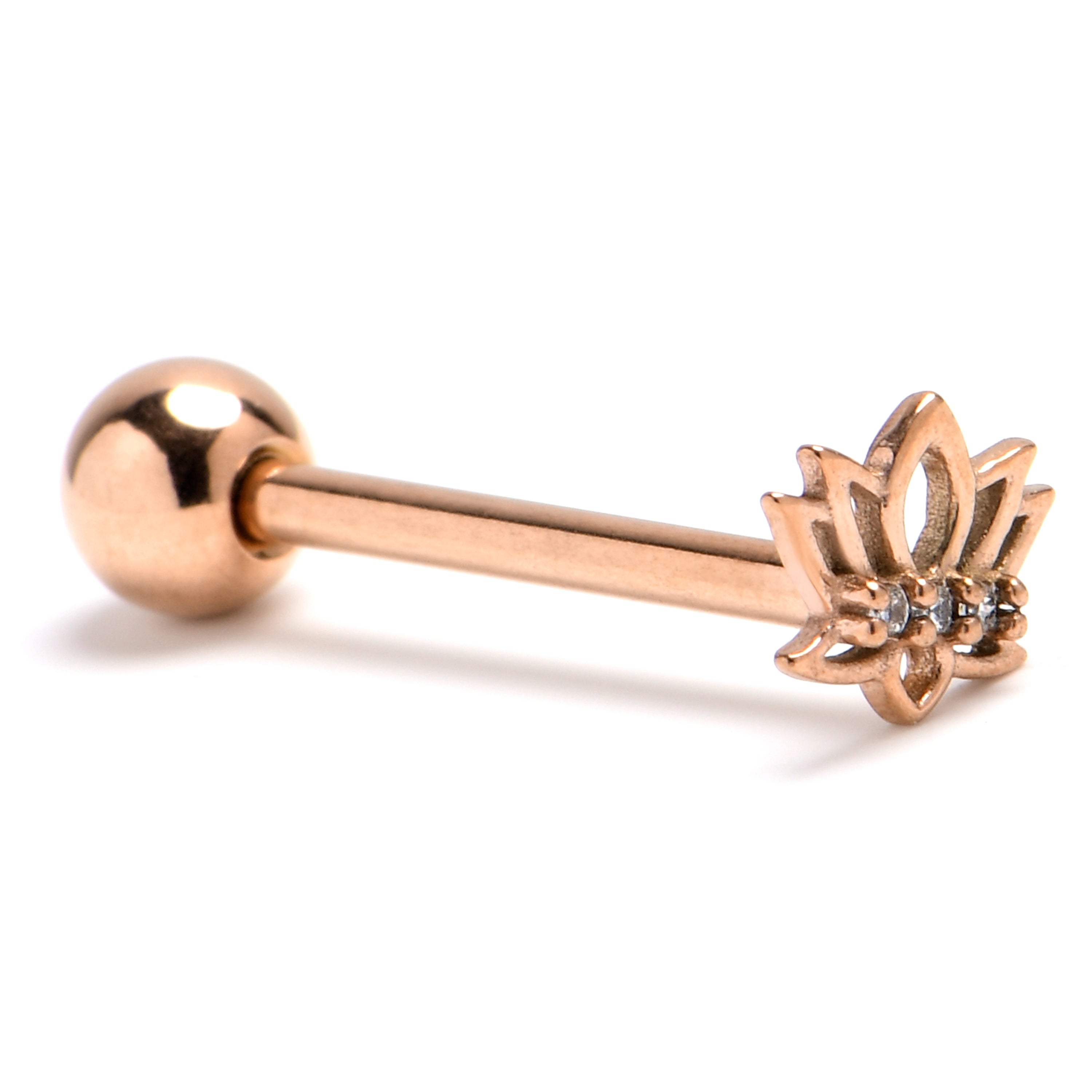 BodyCandy Clear Gem Rose Gold Tone Open Lotus Flower Barbell Tongue Ring — main product shot