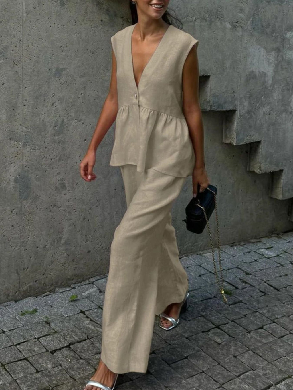 One Button Sleeveless Top and Wide-Leg Pants Set