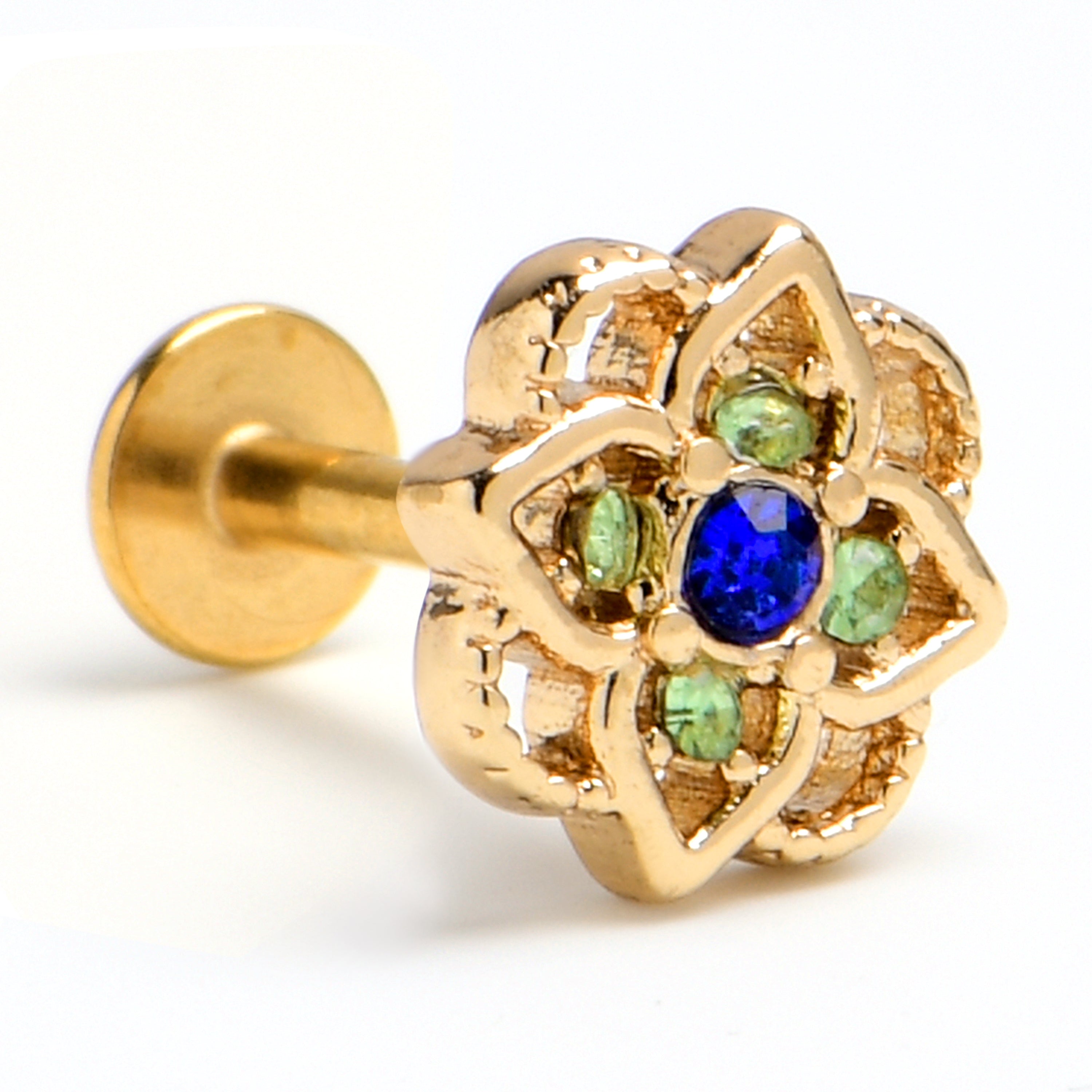 BodyCandy 16G 1/4 Blue Gem Gold Tone Celtic Style Labret — main product shot