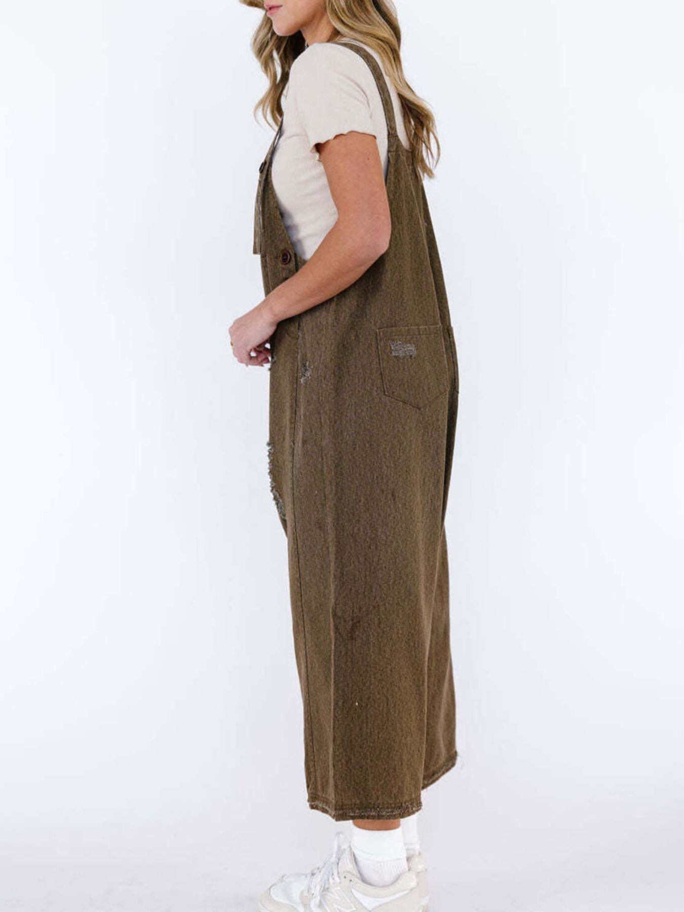 Distressed Wide Leg Denim Overalls
