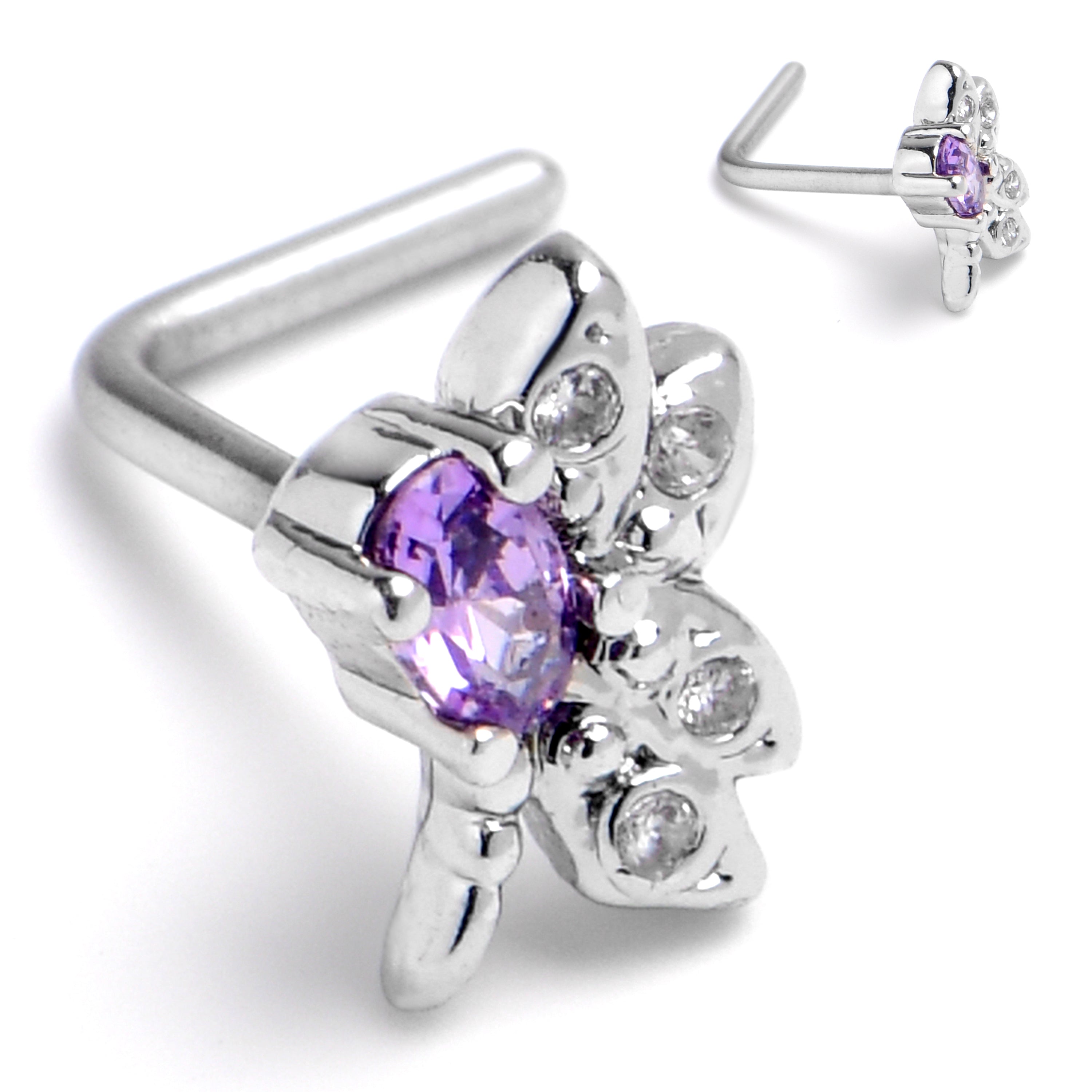 BodyCandy 20G 7mm Purple Gem Divine Dragonfly L Shape Nose Ring — main product shot