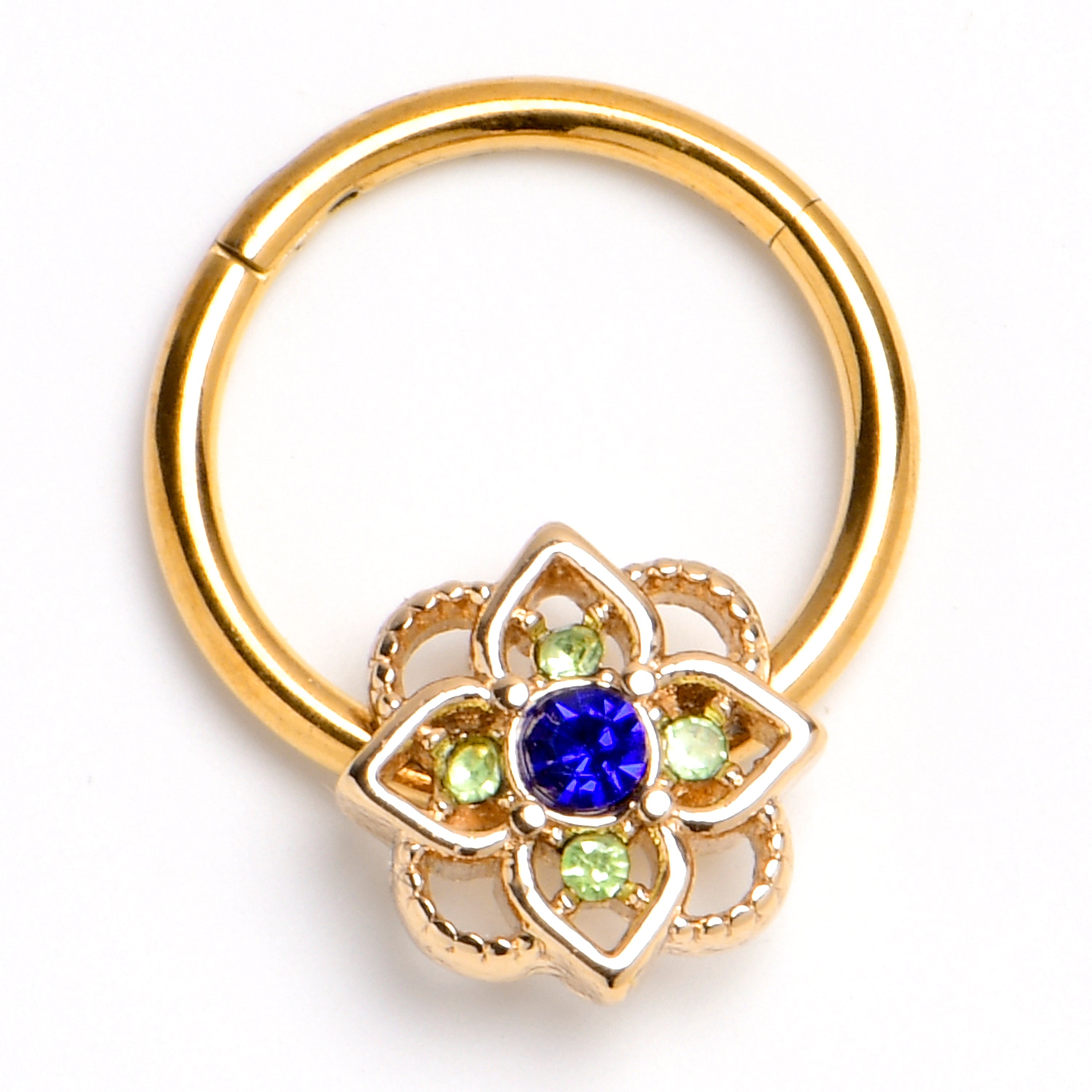 BodyCandy 16G 3/8 Blue Gem Gold Tone Celtic Style Hinged Segment Ring — main product shot