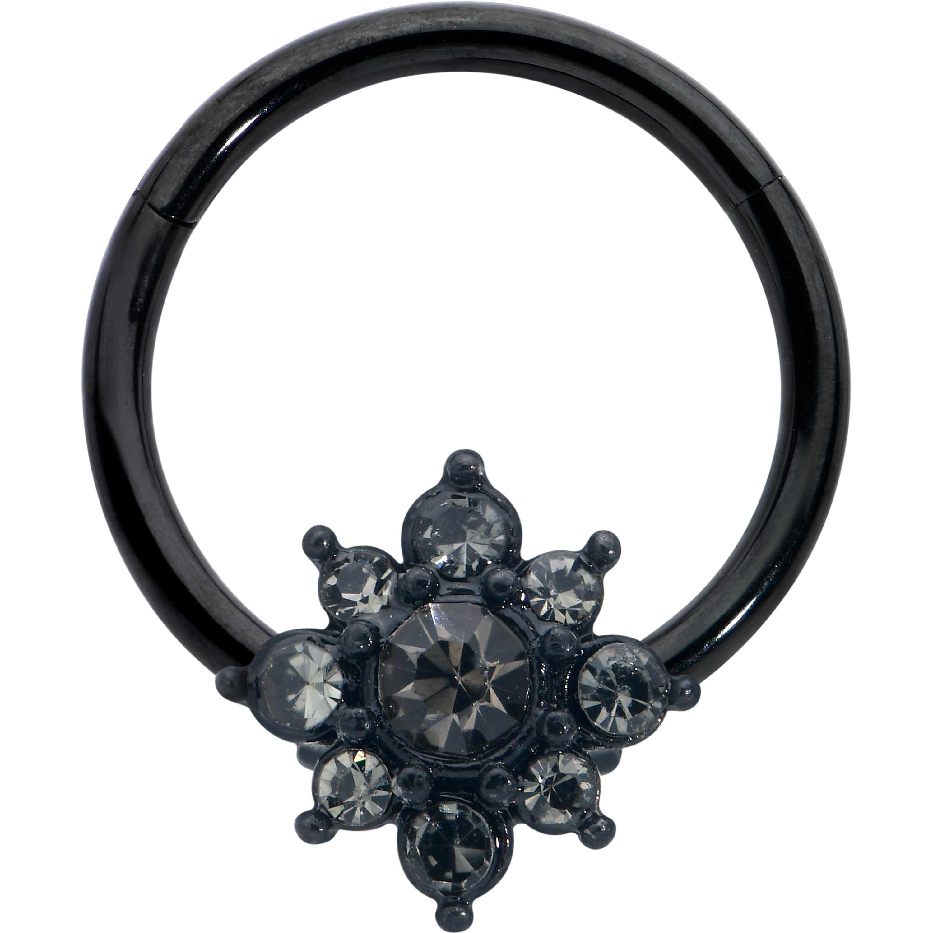 BodyCandy 16G 3/8 Clear Black Gem Evening Flower Hinged Segment Ring — main product shot