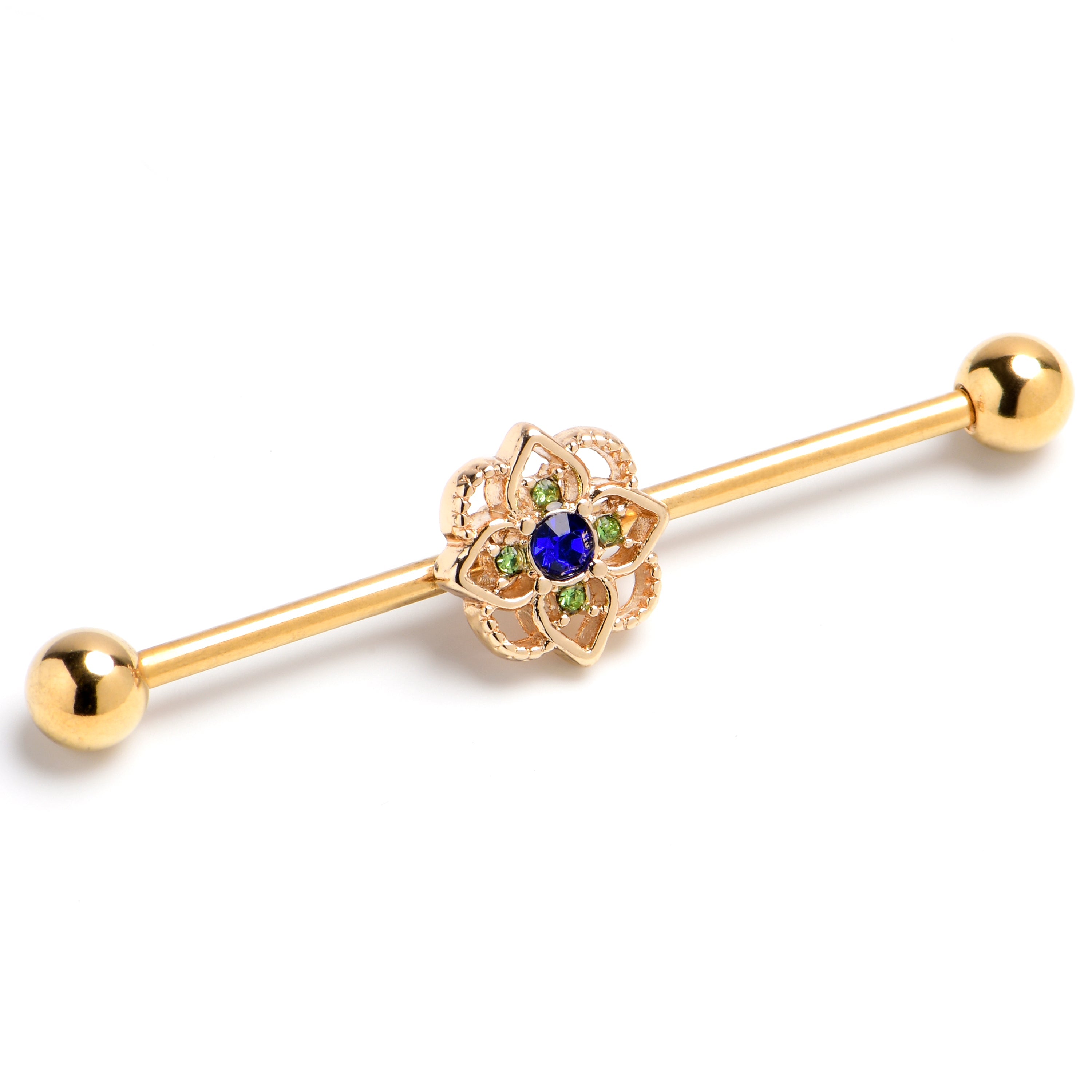 BodyCandy 14G Blue Gem Gold Tone Celtic Style Industrial Barbell 38mm — main product shot