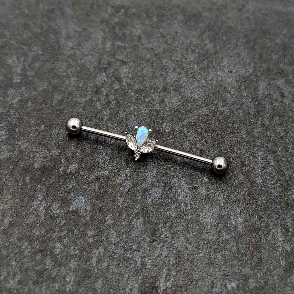 BodyCandy 14G White Faux Opal Style Flower Industrial Barbell 38mm — side view