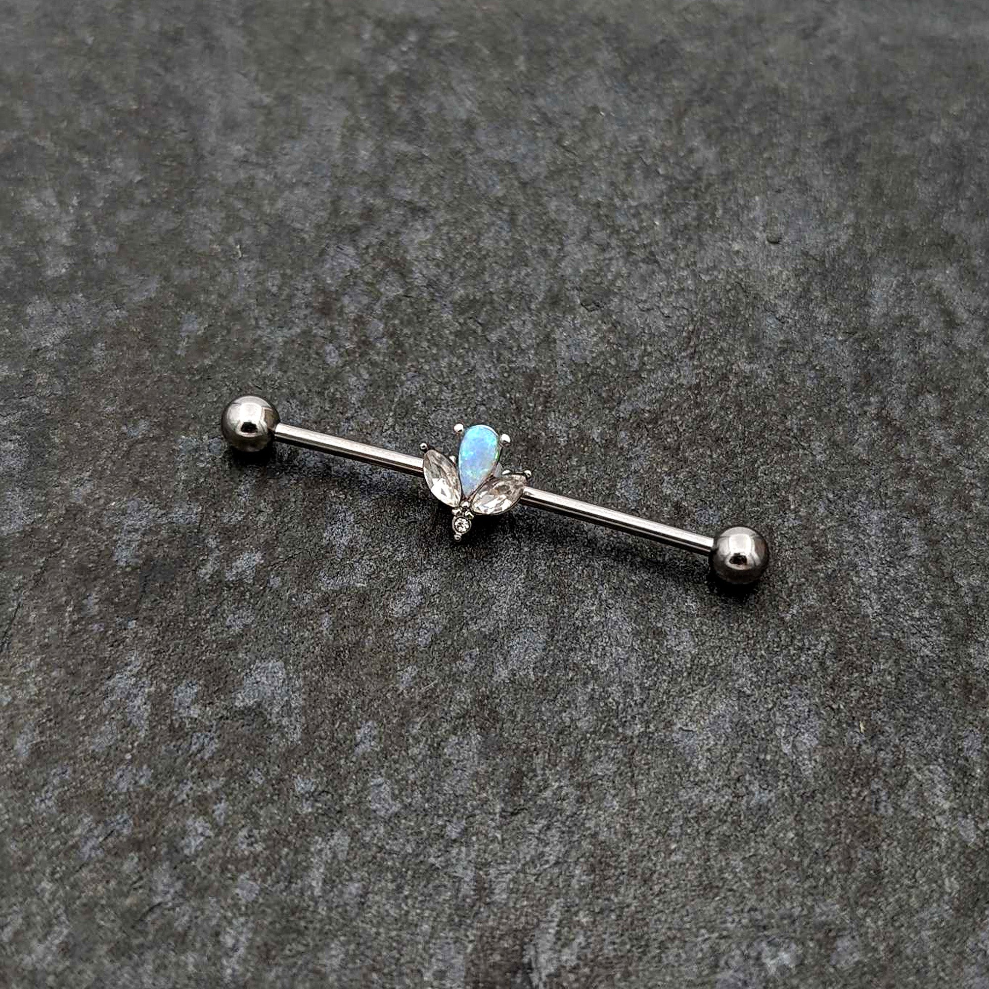 BodyCandy 14G White Faux Opal Style Flower Industrial Barbell 38mm — side view