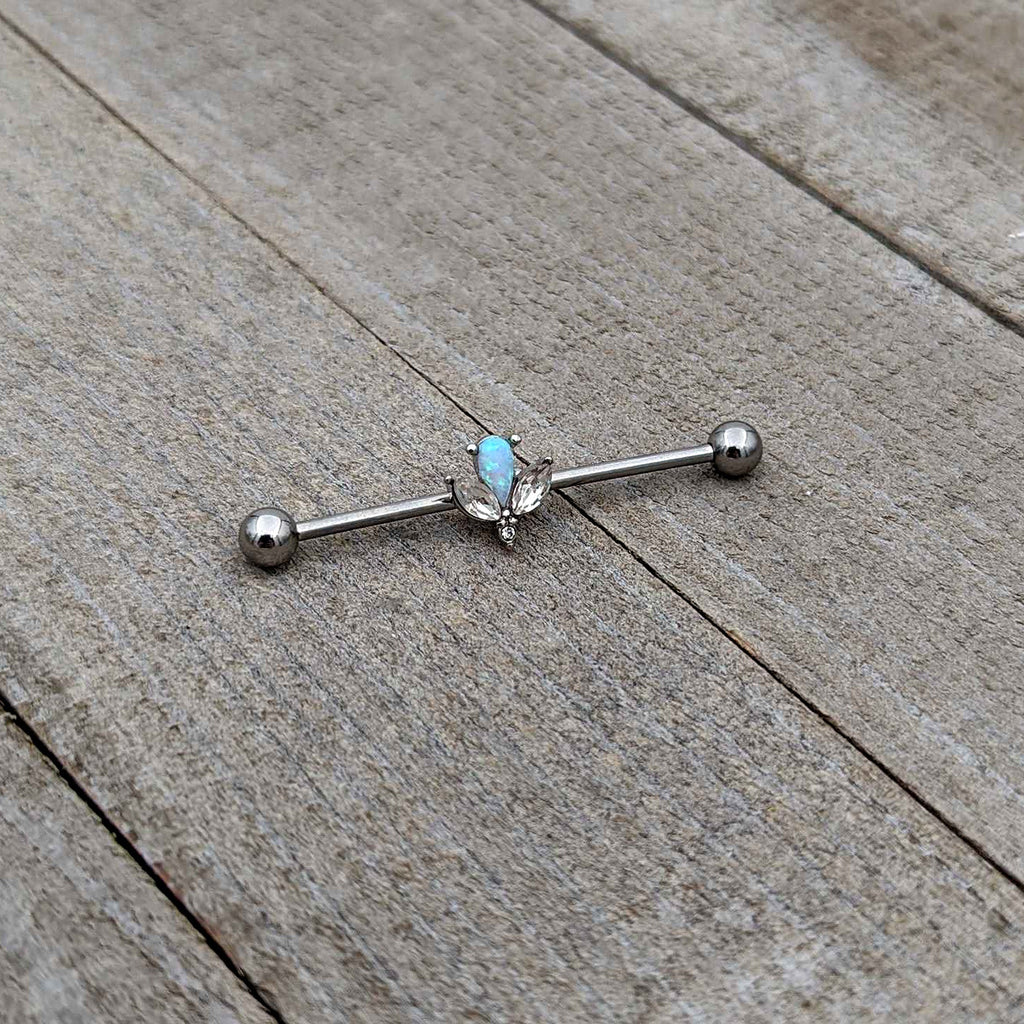 BodyCandy 14G White Faux Opal Style Flower Industrial Barbell 38mm — back view