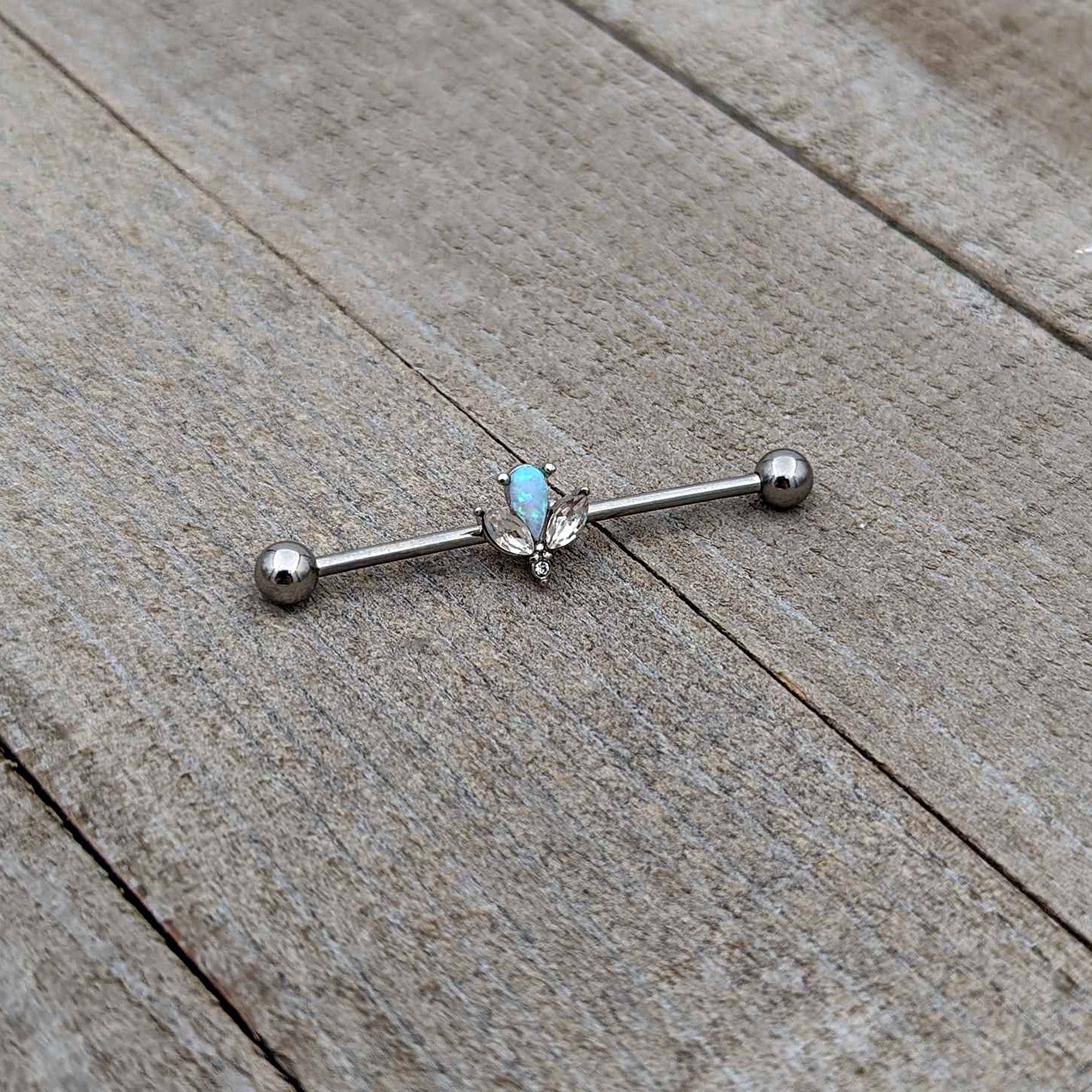 BodyCandy 14G White Faux Opal Style Flower Industrial Barbell 38mm — back view
