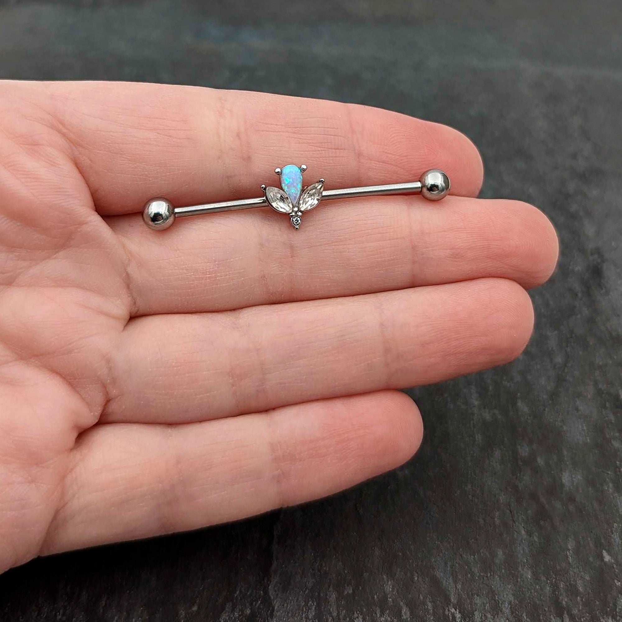 BodyCandy 14G White Faux Opal Style Flower Industrial Barbell 38mm — in-use photo