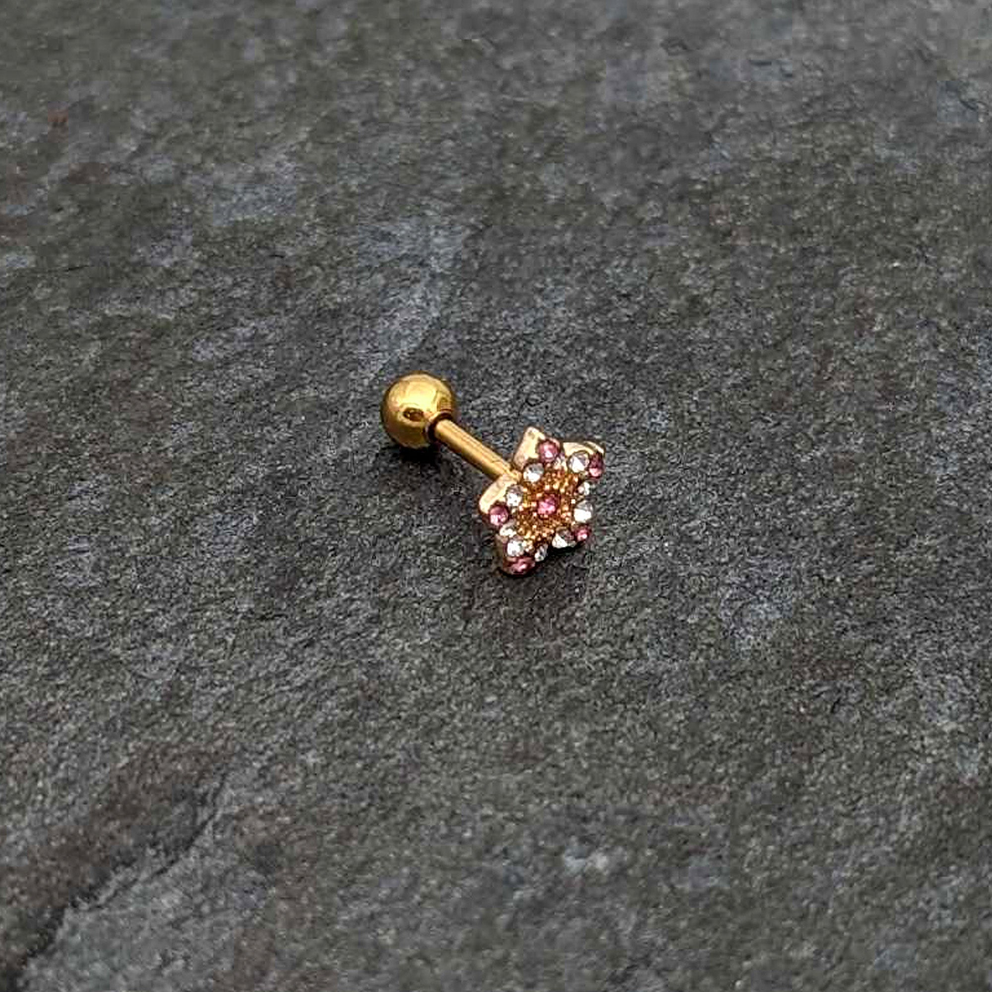 BodyCandy 16G 1/4 Pink Clear Gem Gold Tone Texture Star Cartilage Earring — alternative angle