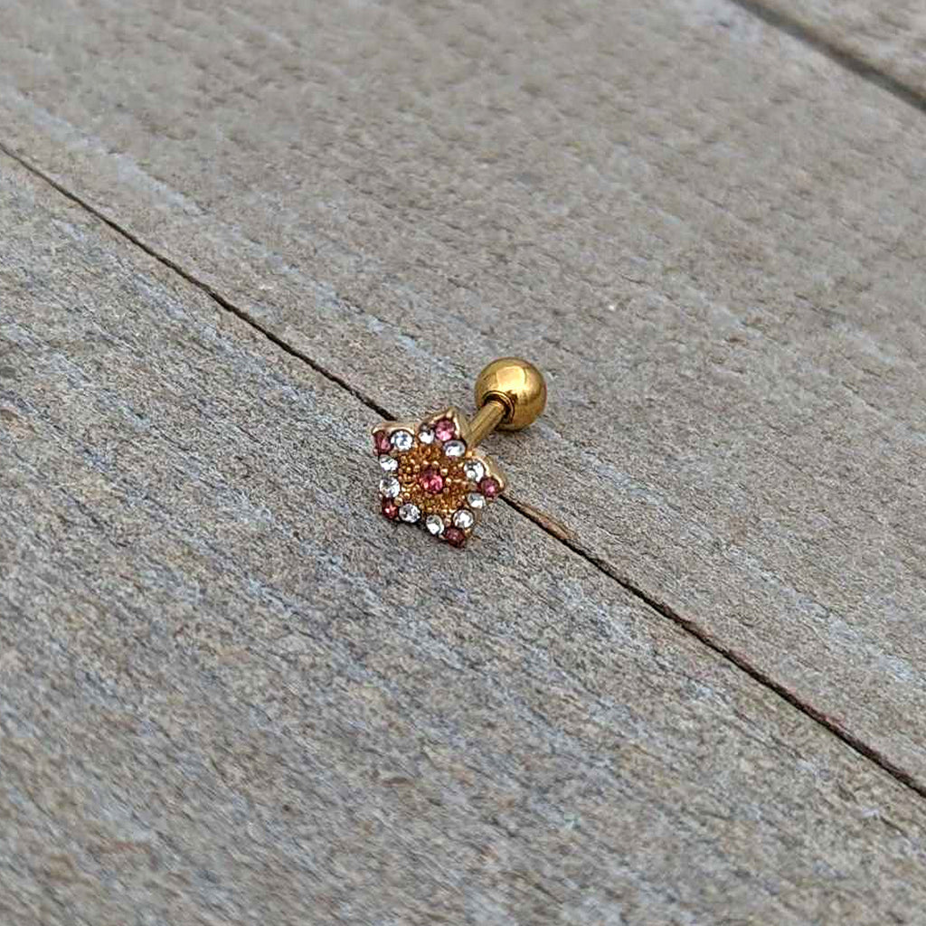 BodyCandy 16G 1/4 Pink Clear Gem Gold Tone Texture Star Cartilage Earring — in-use photo