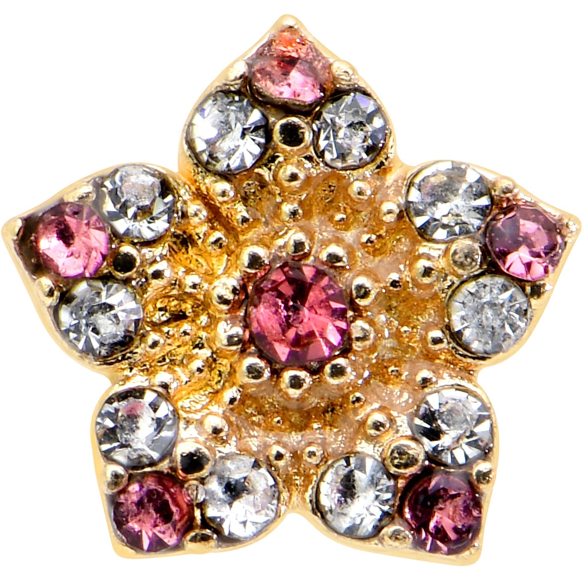 BodyCandy 16G 5/16 Pink Gem Gold Tone Texture Star Labret Monroe Tragus — detail close-up
