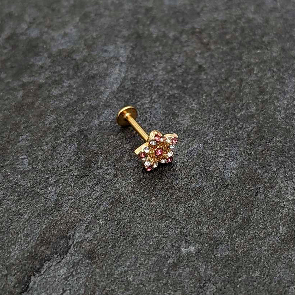 BodyCandy 16G 5/16 Pink Gem Gold Tone Texture Star Labret Monroe Tragus — alternative angle