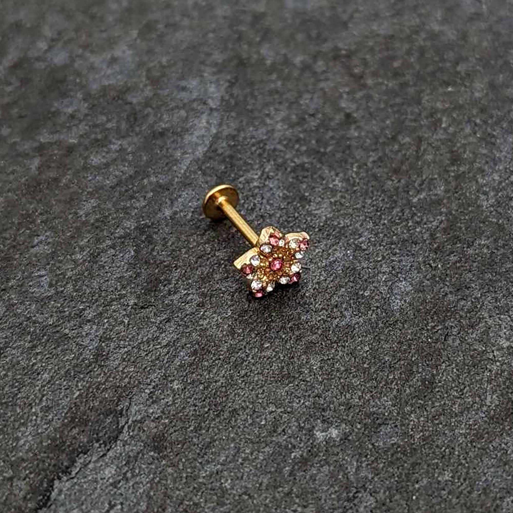 BodyCandy 16G 5/16 Pink Gem Gold Tone Texture Star Labret Monroe Tragus — alternative angle