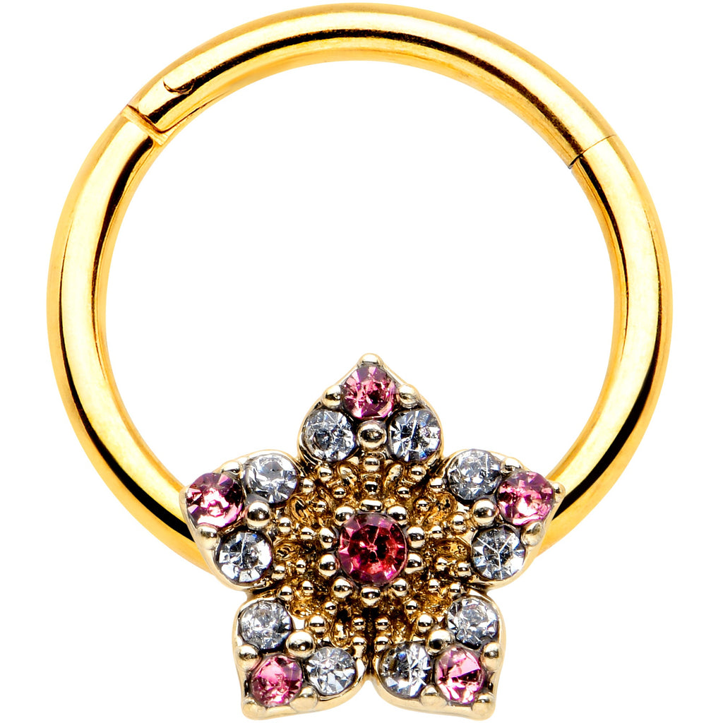 BodyCandy 16G 3/8 Pink Clear Gem Gold Tone Texture Star Hinged Segment Ring — main product shot