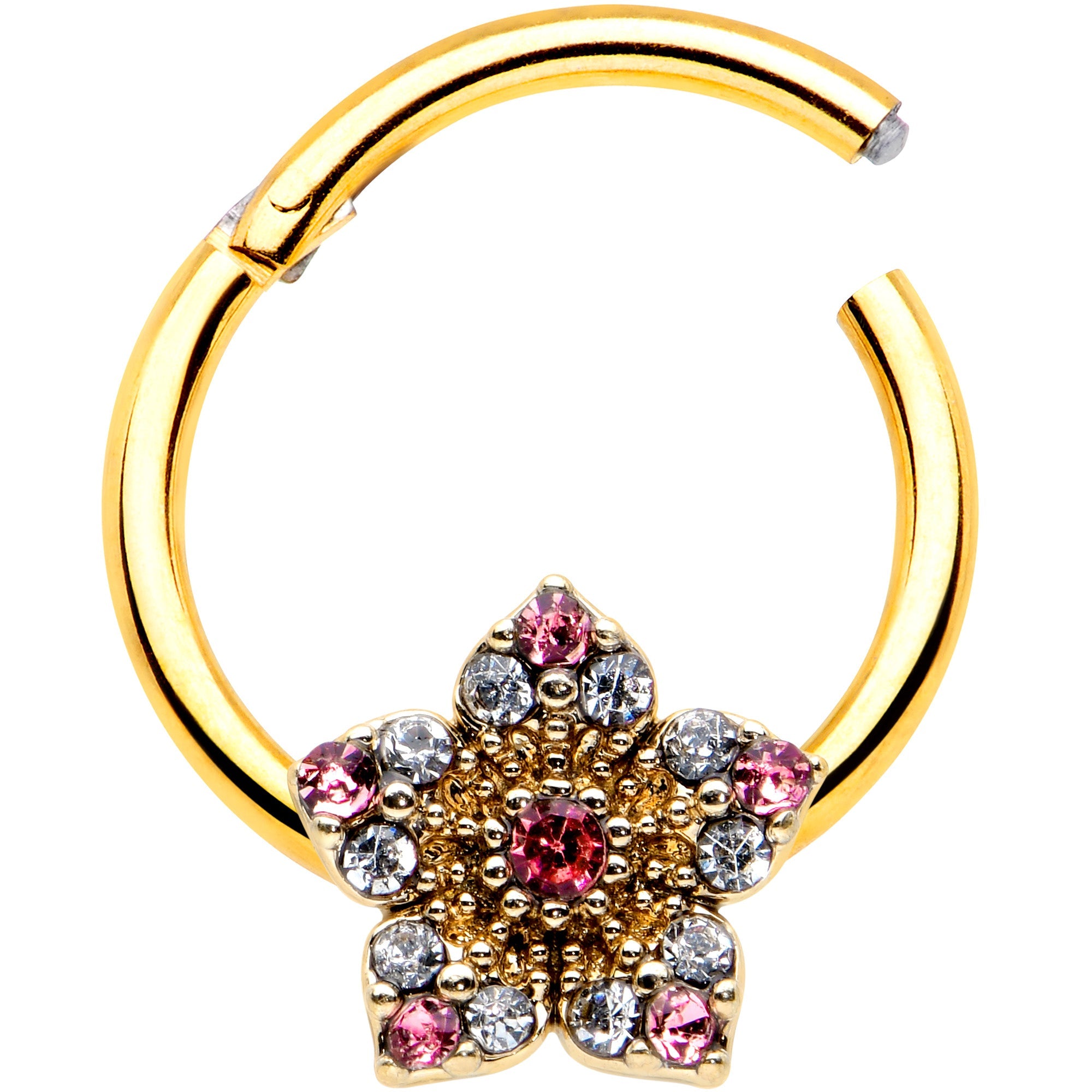 BodyCandy 16G 3/8 Pink Clear Gem Gold Tone Texture Star Hinged Segment Ring — detail close-up