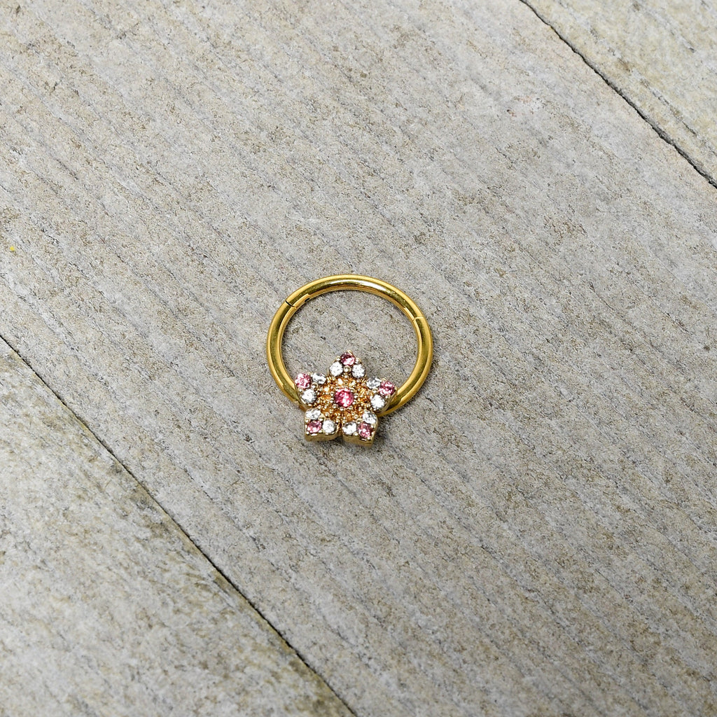 BodyCandy 16G 3/8 Pink Clear Gem Gold Tone Texture Star Hinged Segment Ring — side view