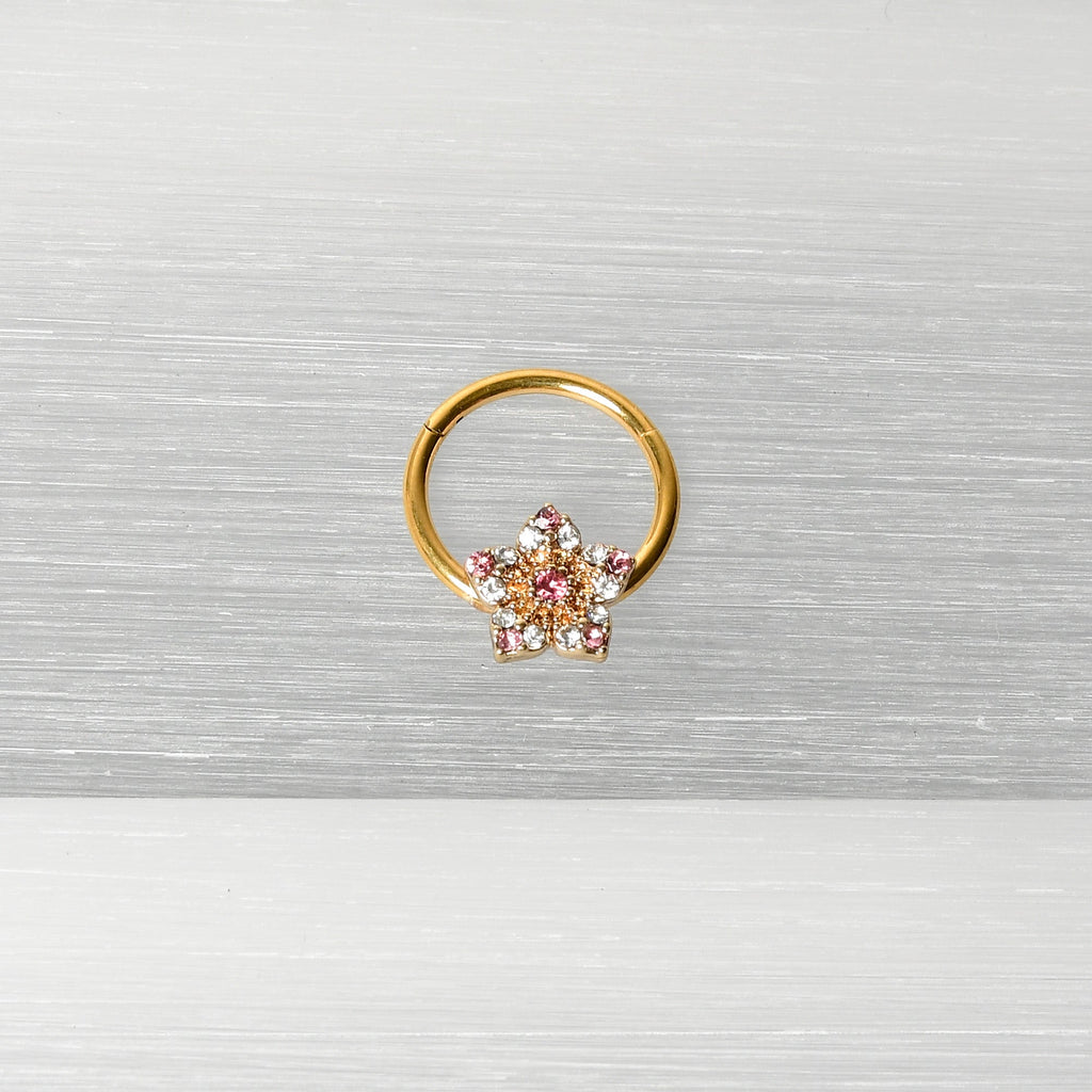 BodyCandy 16G 3/8 Pink Clear Gem Gold Tone Texture Star Hinged Segment Ring — back view
