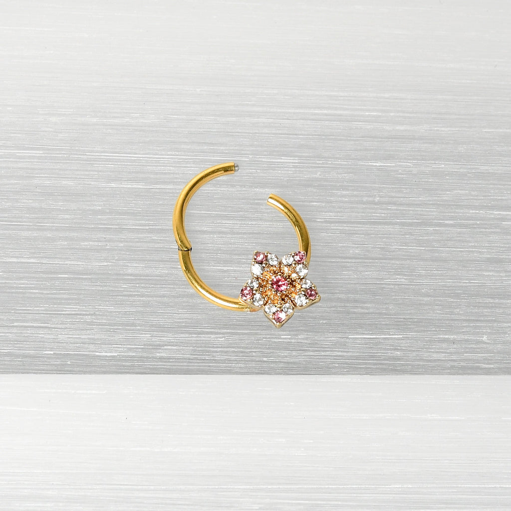BodyCandy 16G 3/8 Pink Clear Gem Gold Tone Texture Star Hinged Segment Ring — alternative angle