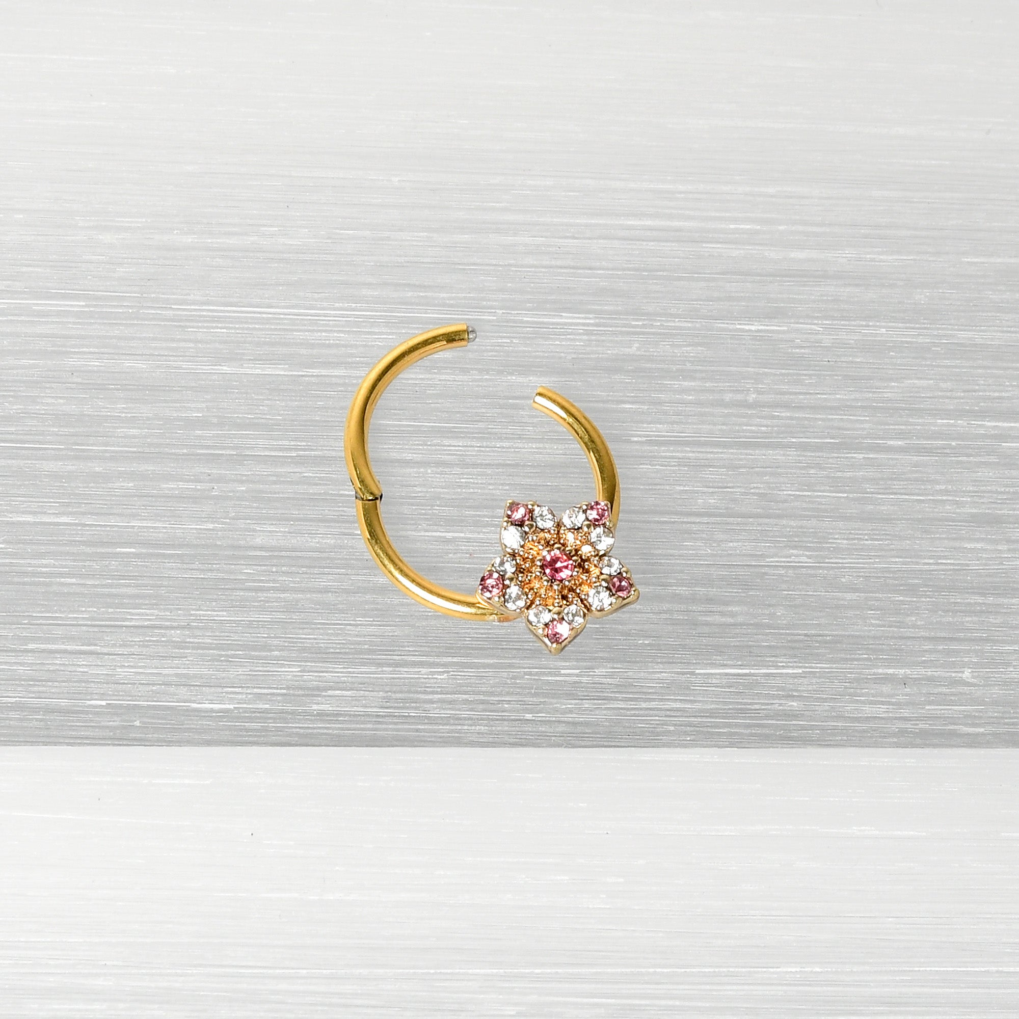 BodyCandy 16G 3/8 Pink Clear Gem Gold Tone Texture Star Hinged Segment Ring — alternative angle