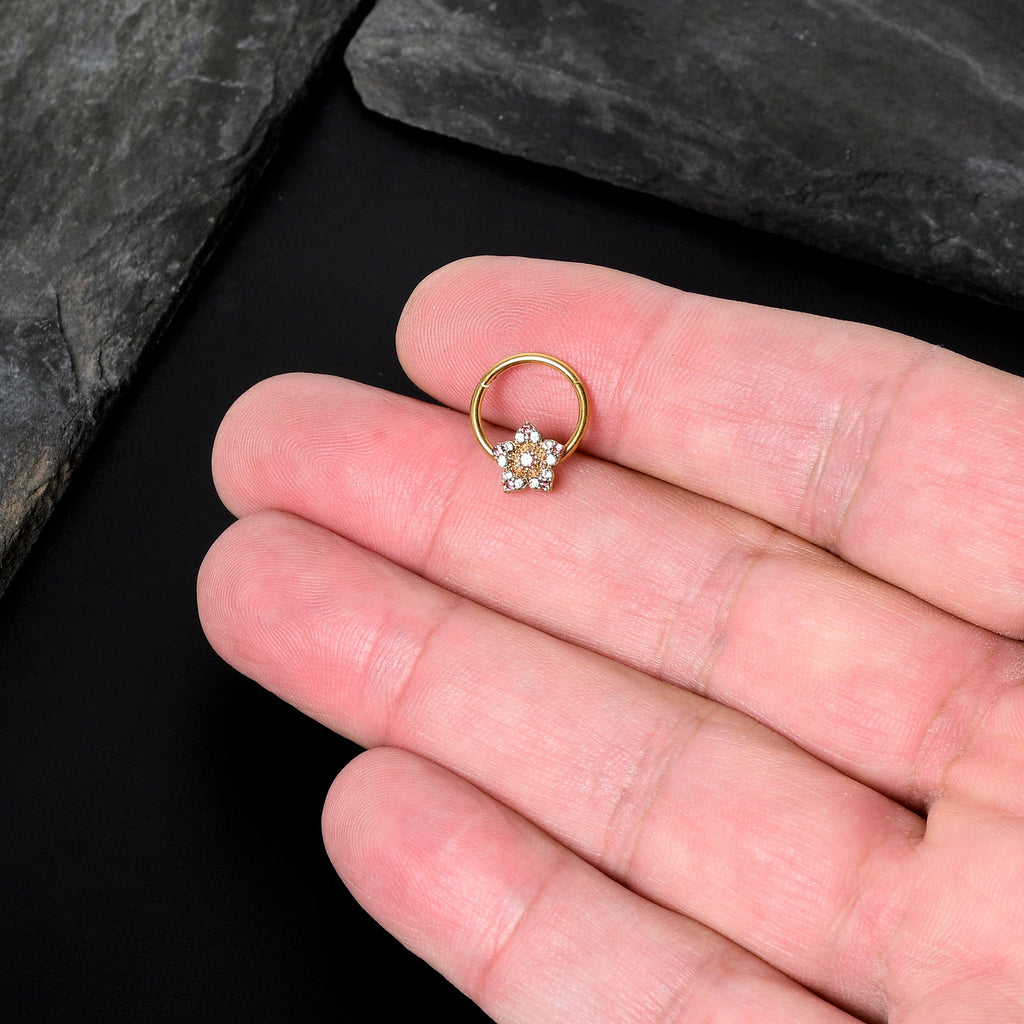 BodyCandy 16G 3/8 Pink Clear Gem Gold Tone Texture Star Hinged Segment Ring — in-use photo