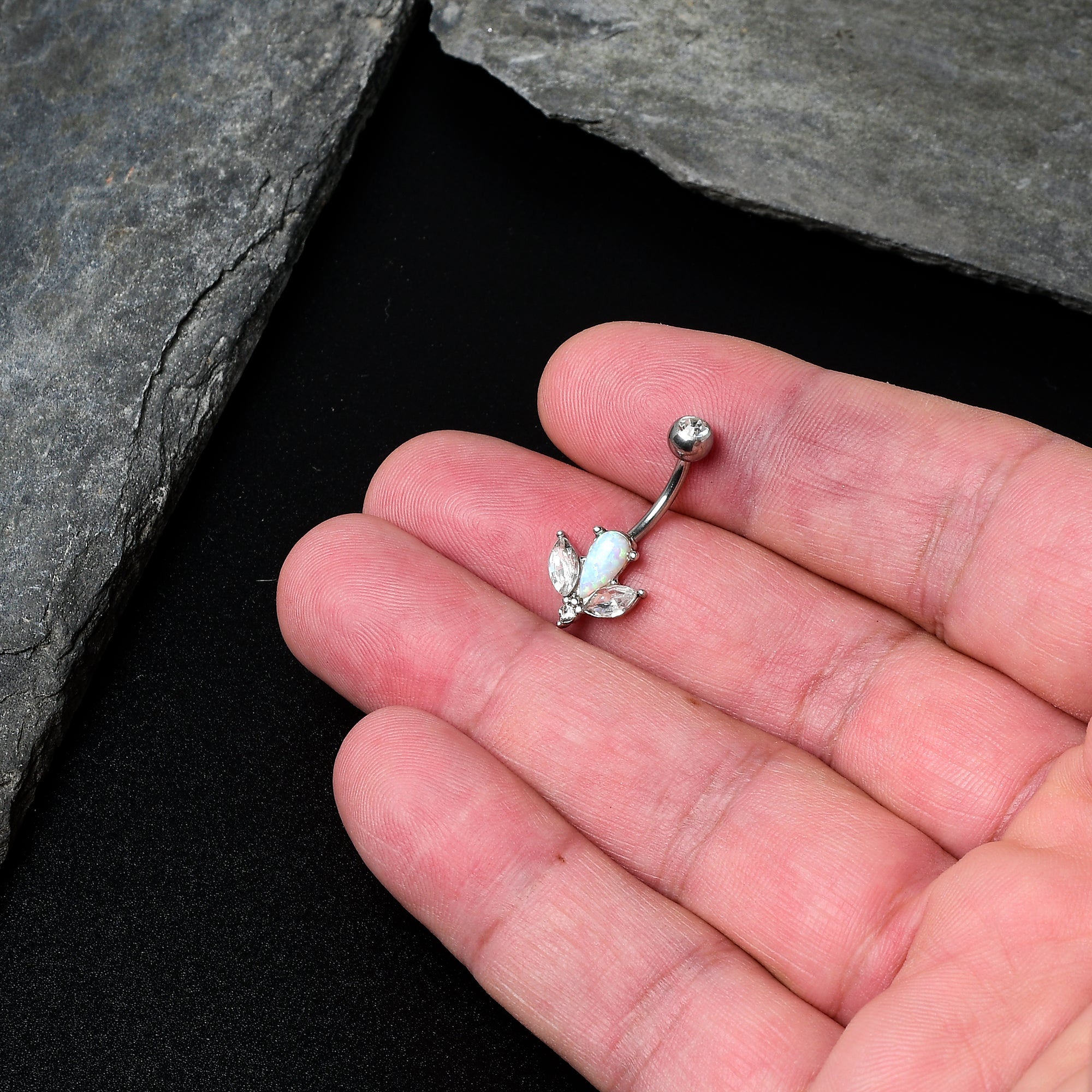BodyCandy White Faux Opal Drop Flower Belly Ring — detail close-up