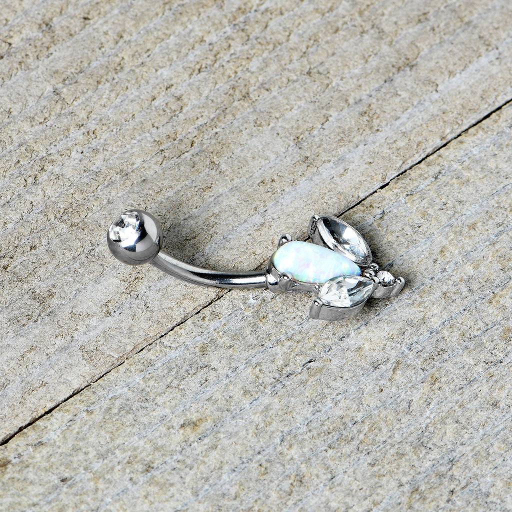 BodyCandy White Faux Opal Drop Flower Belly Ring — side view