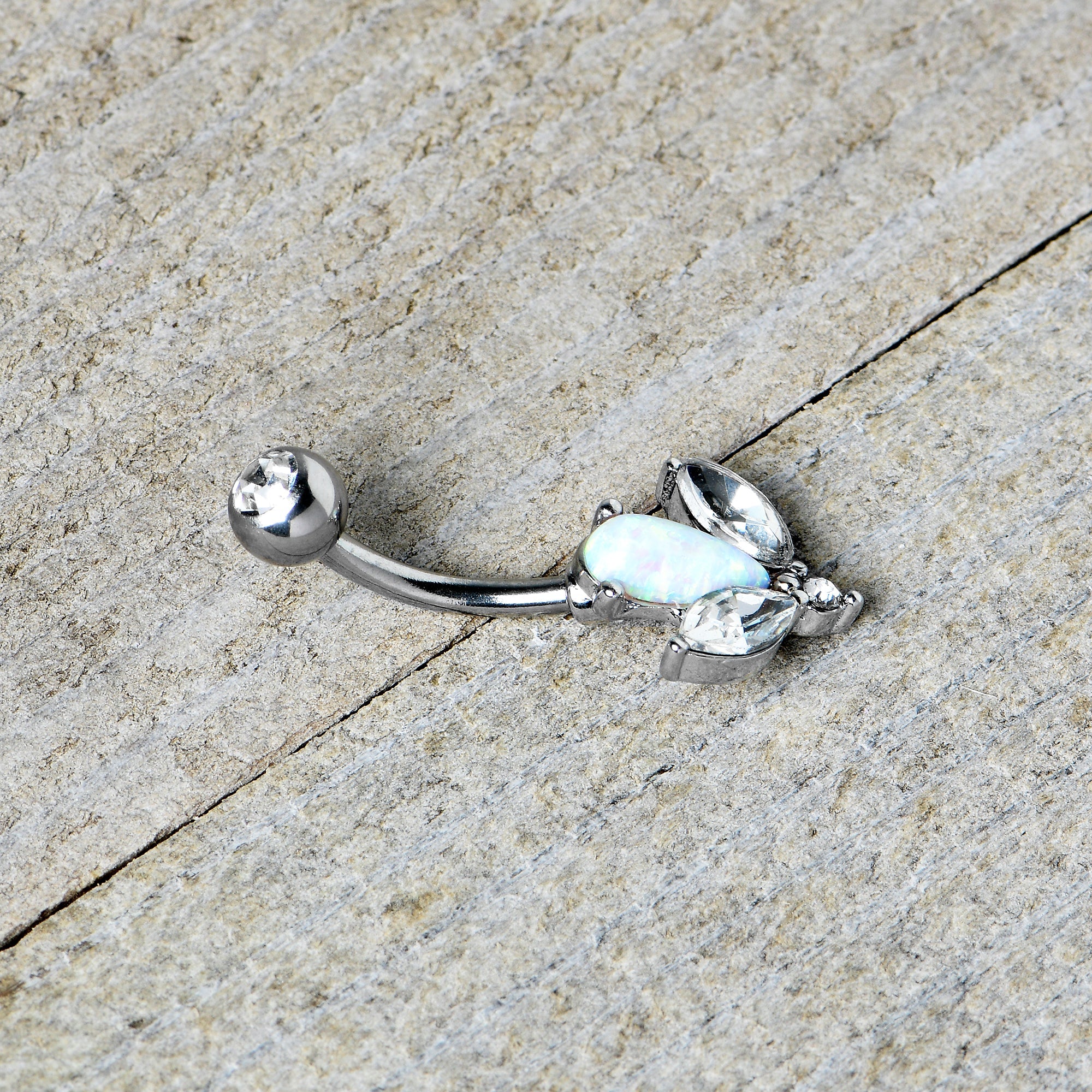BodyCandy White Faux Opal Drop Flower Belly Ring — side view