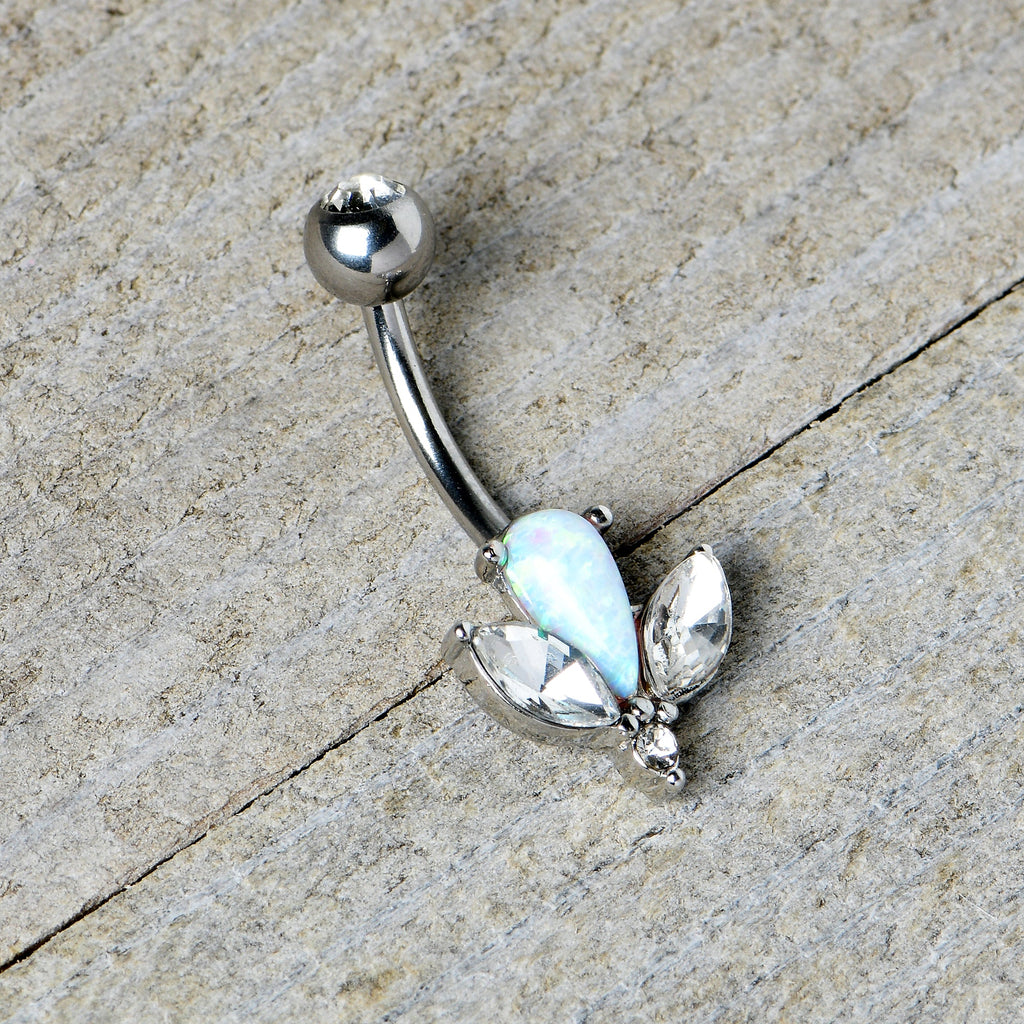 BodyCandy White Faux Opal Drop Flower Belly Ring — in-use photo