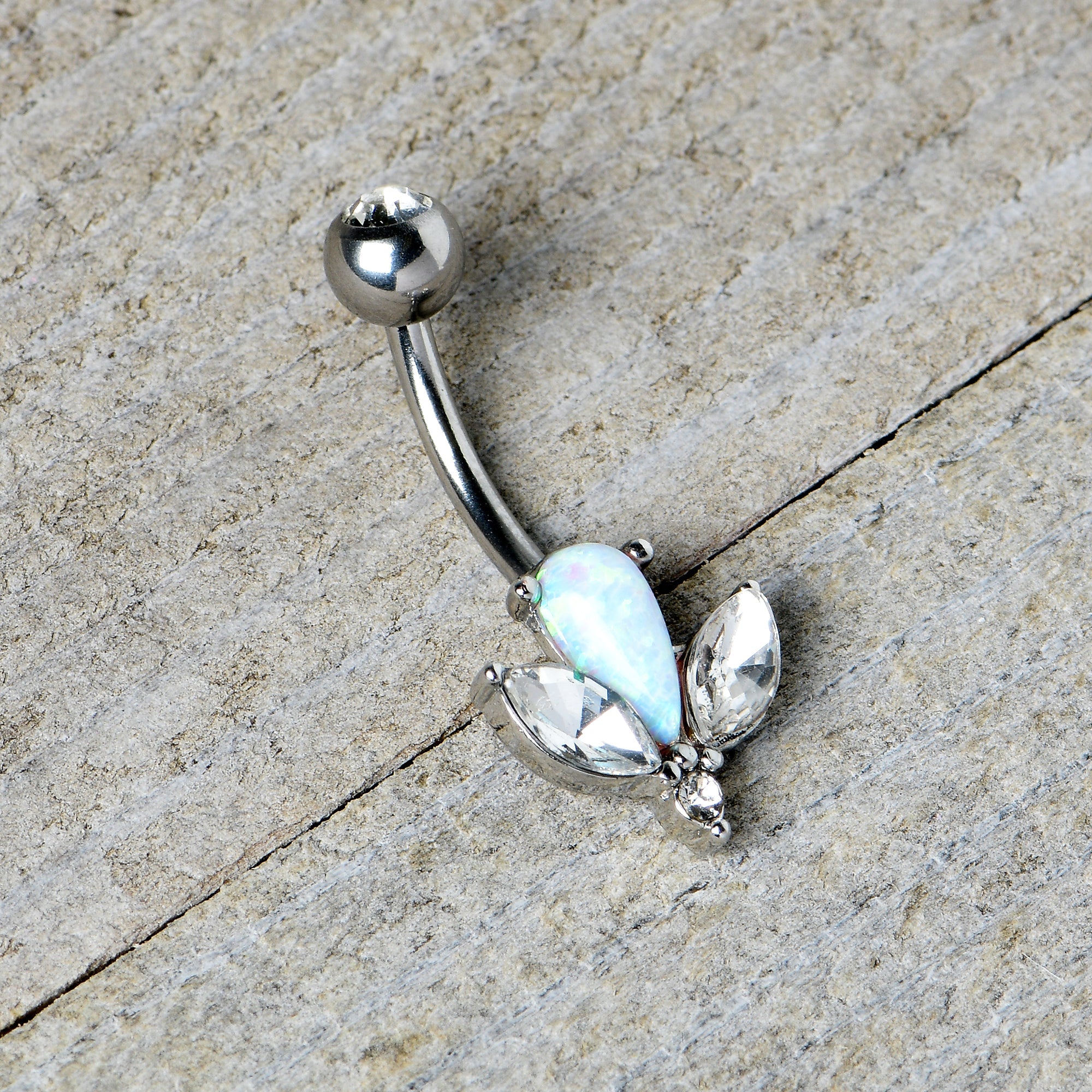 BodyCandy White Faux Opal Drop Flower Belly Ring — in-use photo