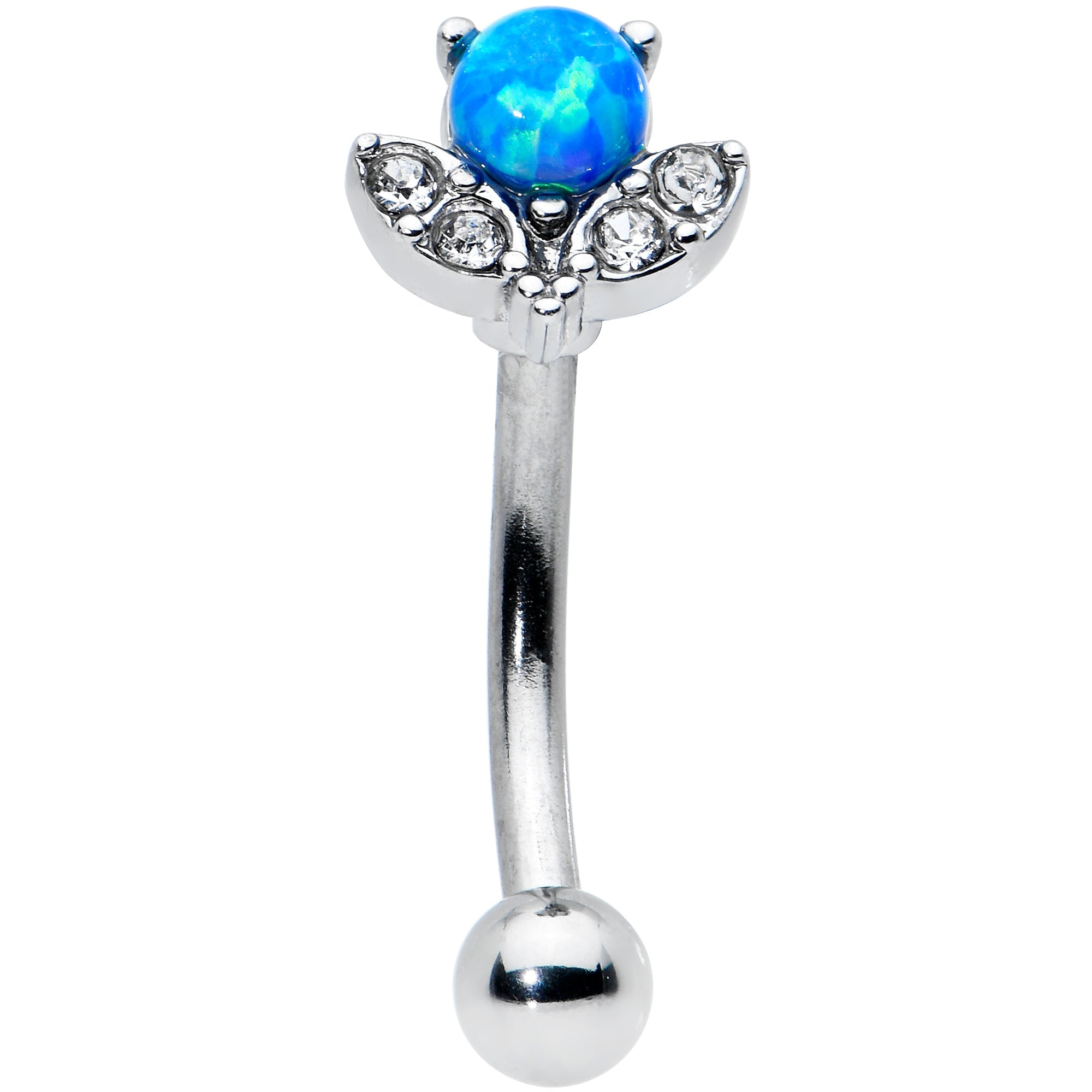 BodyCandy 16G 5/16 Clear Gem Blue Faux Opal Style Flower Curved Eyebrow Ring — detail close-up