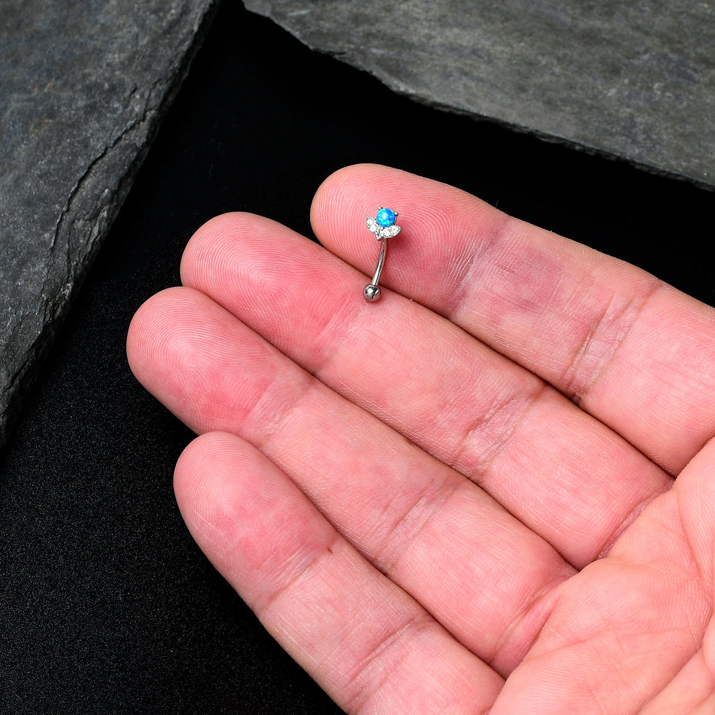 BodyCandy 16G 5/16 Clear Gem Blue Faux Opal Style Flower Curved Eyebrow Ring — lifestyle context