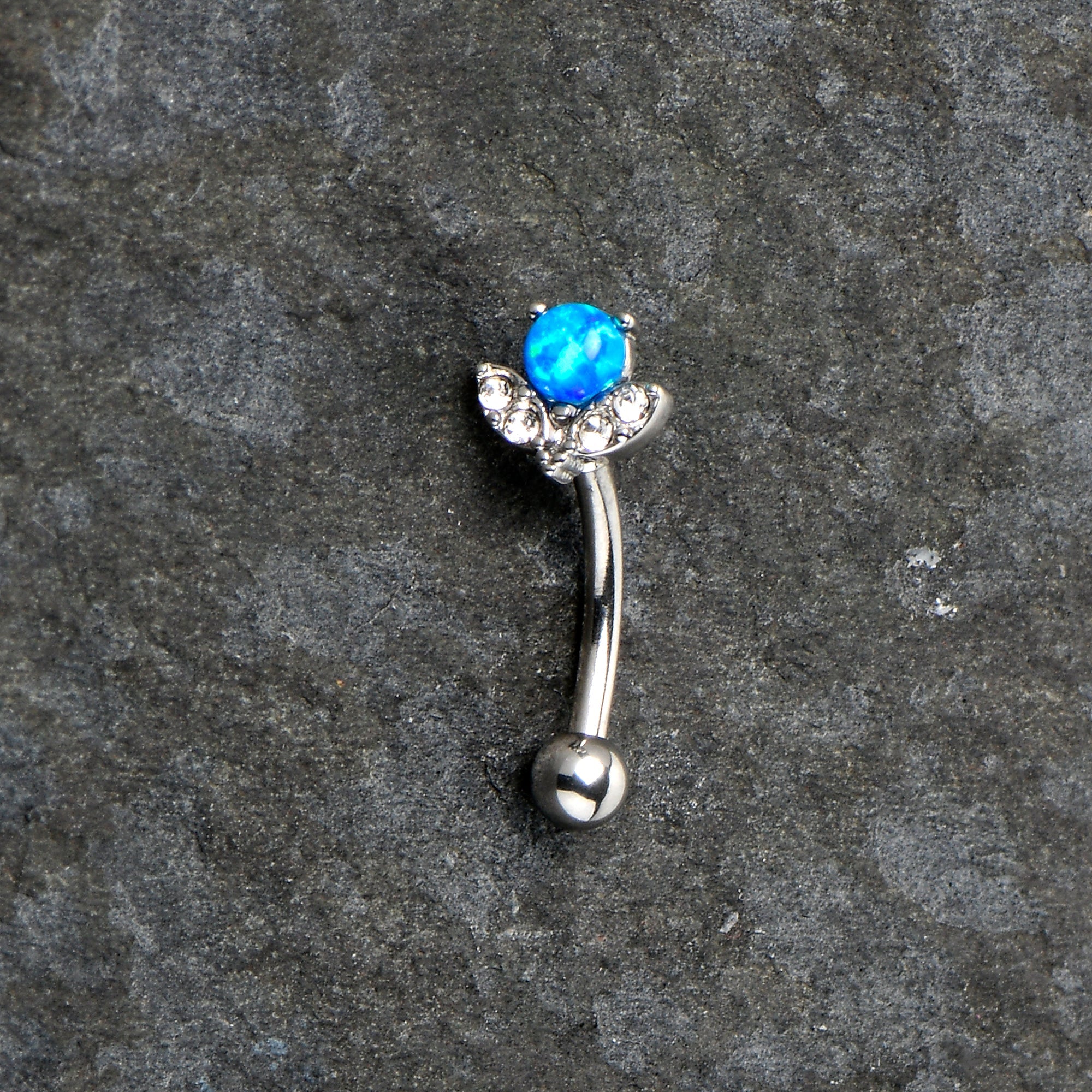 BodyCandy 16G 5/16 Clear Gem Blue Faux Opal Style Flower Curved Eyebrow Ring — side view