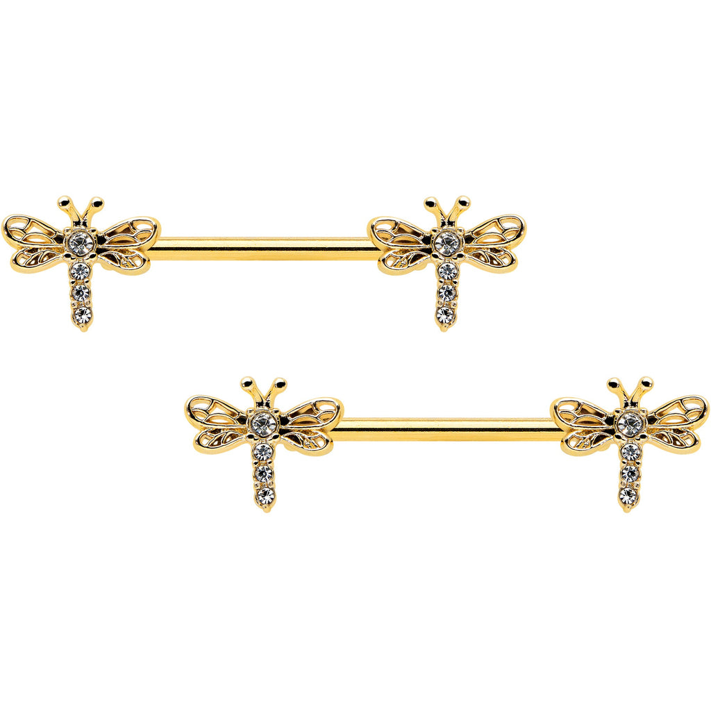 BodyCandy 14G 9/16 Clear Gem Gold Tone Flying Dragonfly Nipple Ring Set — main product shot