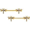 BodyCandy 14G 9/16 Clear Gem Gold Tone Flying Dragonfly Nipple Ring Set — main product shot