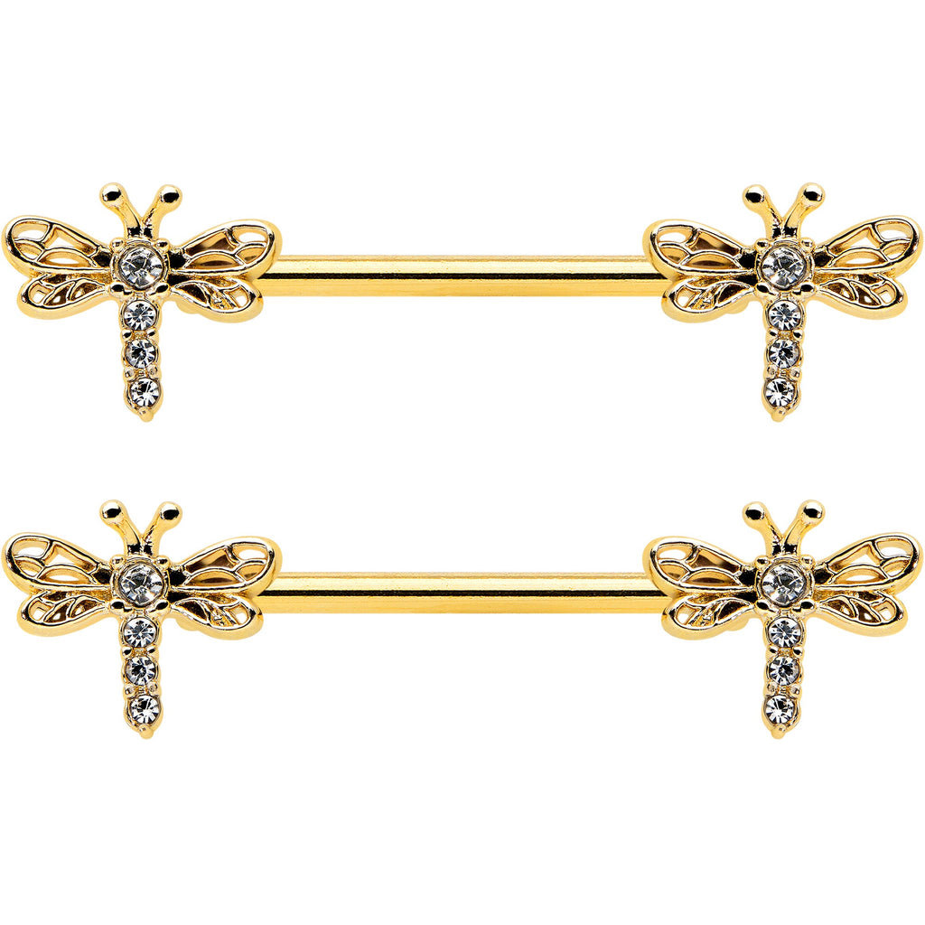 BodyCandy 14G 9/16 Clear Gem Gold Tone Flying Dragonfly Nipple Ring Set — detail close-up
