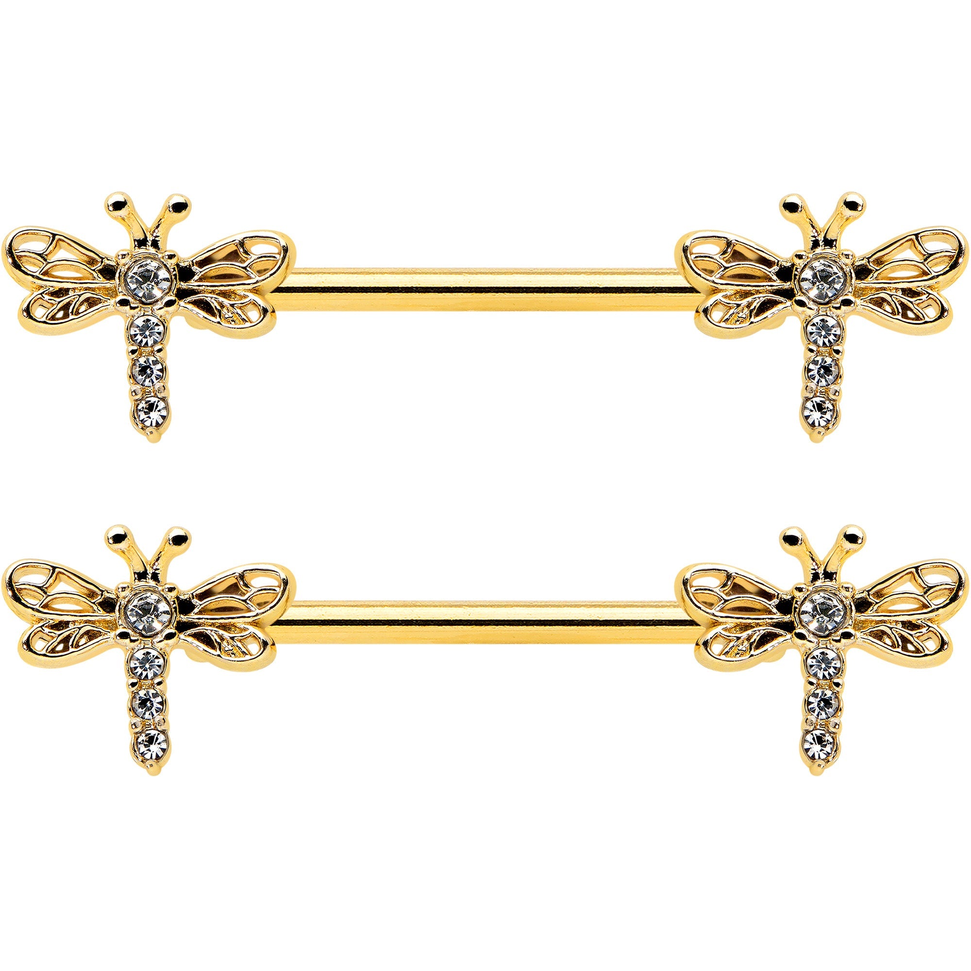 BodyCandy 14G 9/16 Clear Gem Gold Tone Flying Dragonfly Nipple Ring Set — detail close-up