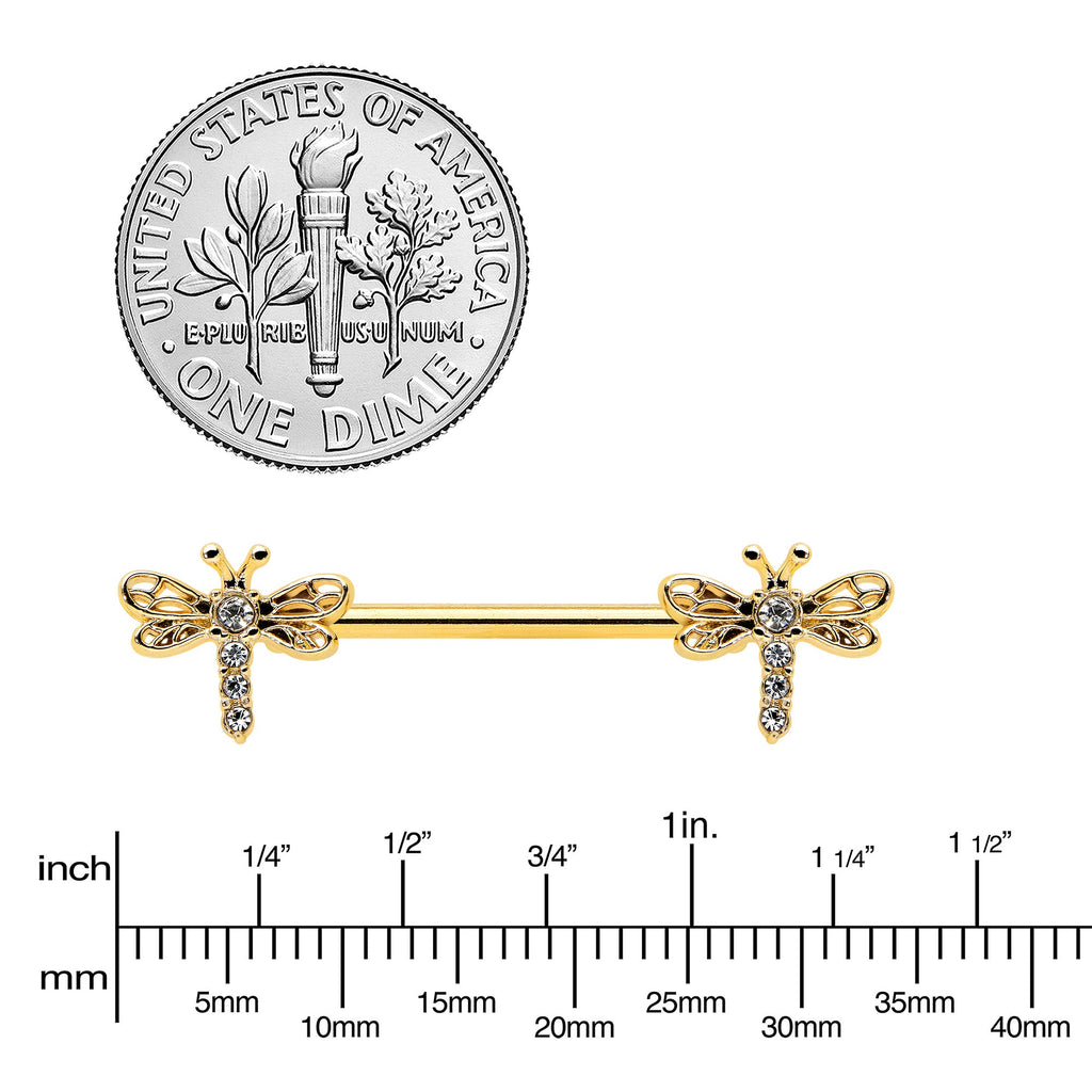 BodyCandy 14G 9/16 Clear Gem Gold Tone Flying Dragonfly Nipple Ring Set — lifestyle context