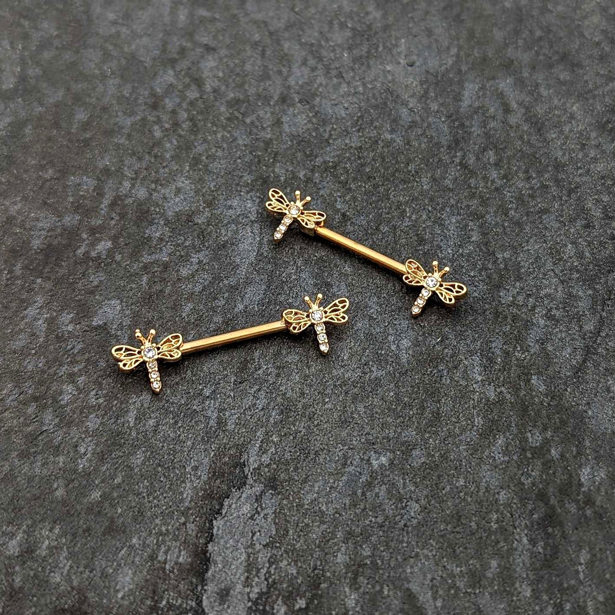 BodyCandy 14G 9/16 Clear Gem Gold Tone Flying Dragonfly Nipple Ring Set — side view