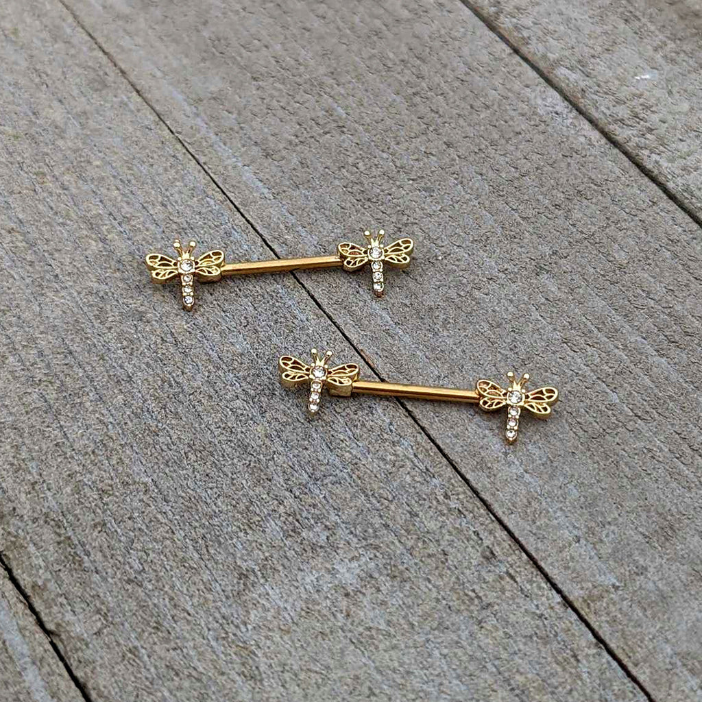 BodyCandy 14G 9/16 Clear Gem Gold Tone Flying Dragonfly Nipple Ring Set — back view