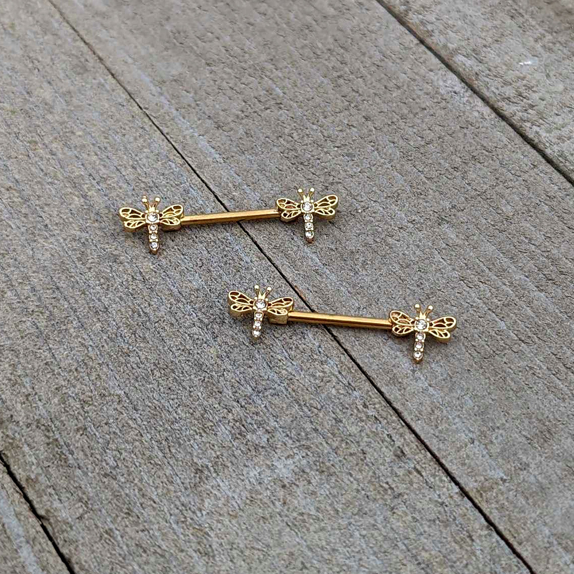BodyCandy 14G 9/16 Clear Gem Gold Tone Flying Dragonfly Nipple Ring Set — back view